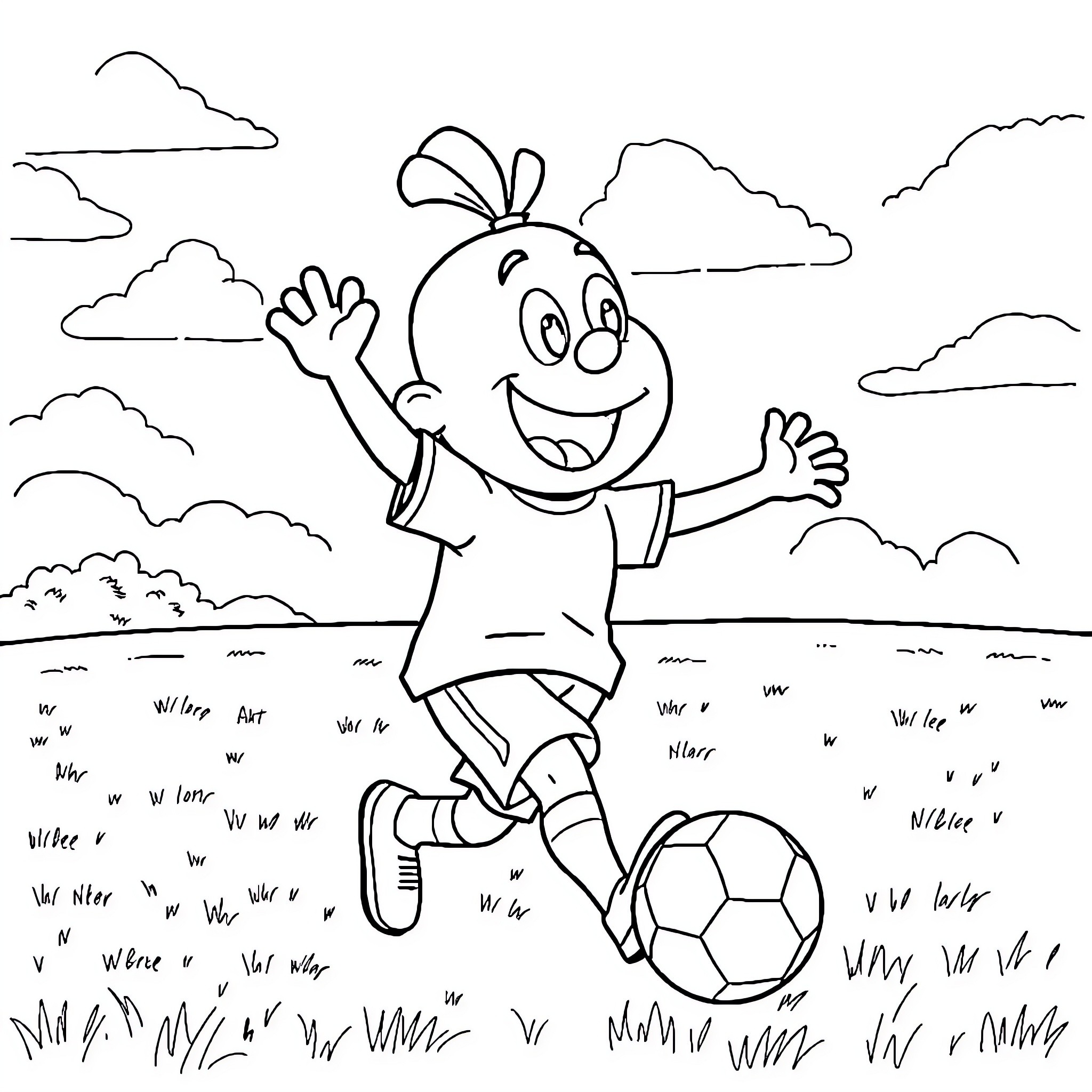 Blippi playing joyfully with a soccer ball in the park Coloring Page (free black-and-white line drawing printable PDF for all, from beginners to advanced learners, including children, teens, adults, and seniors)
