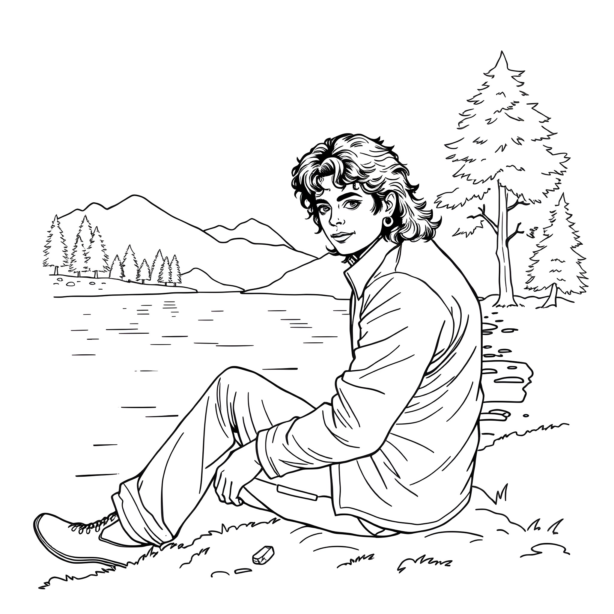 Michael Jackson sitting peacefully in nature Coloring Page (free black-and-white line drawing printable PDF for all, from beginners to advanced learners, including children, teens, adults, and seniors)