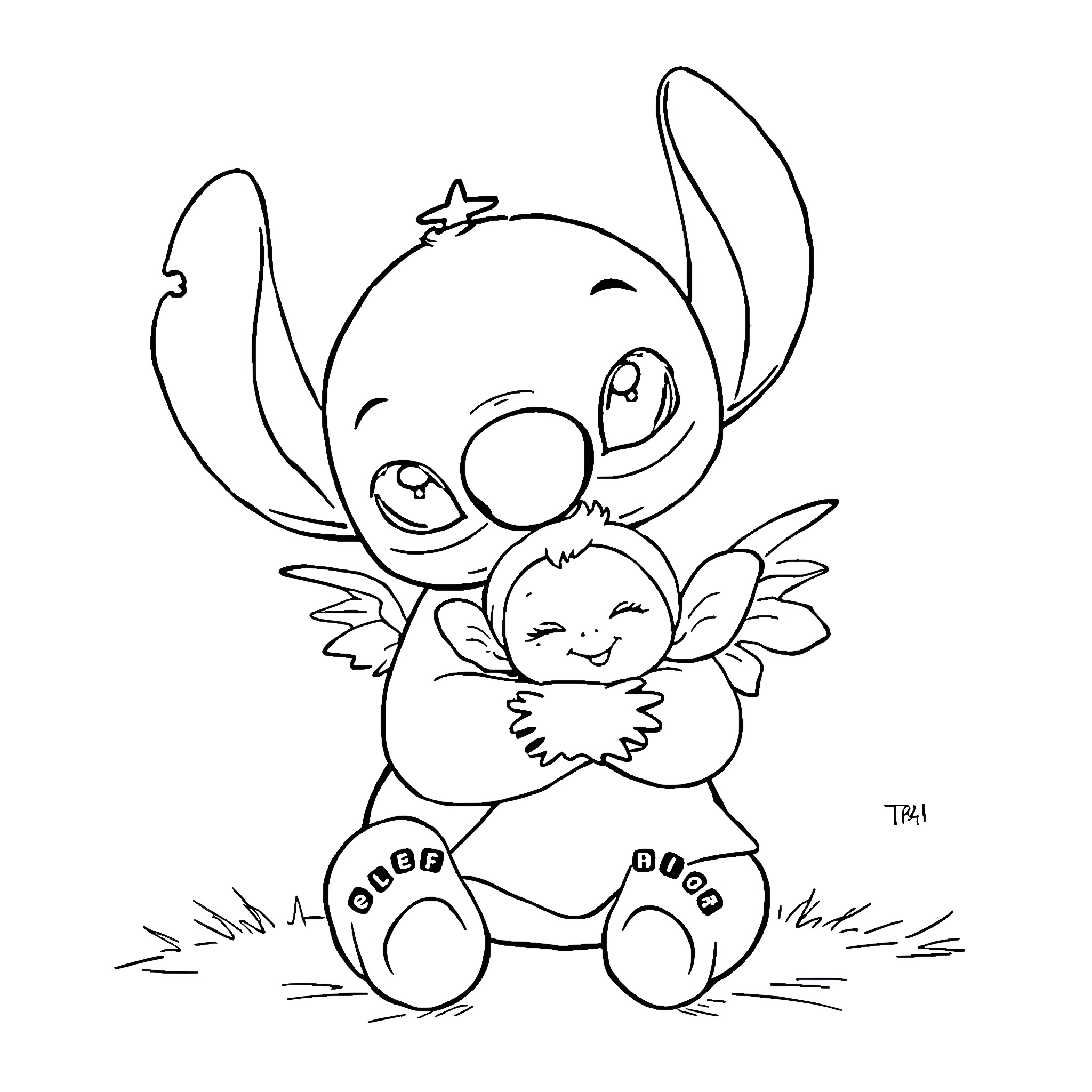 Stitch embracing a baby bird Coloring Page (free black-and-white line drawing printable PDF for all, from beginners to advanced learners, including children, teens, adults, and seniors)