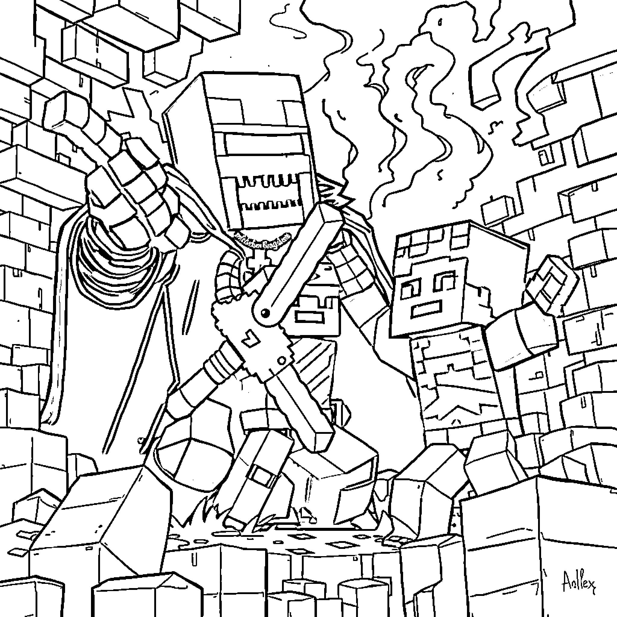 Warden Battling Foes in the Ruins Coloring Page (free black-and-white line drawing printable PDF for all, from beginners to advanced learners, including children, teens, adults, and seniors)
