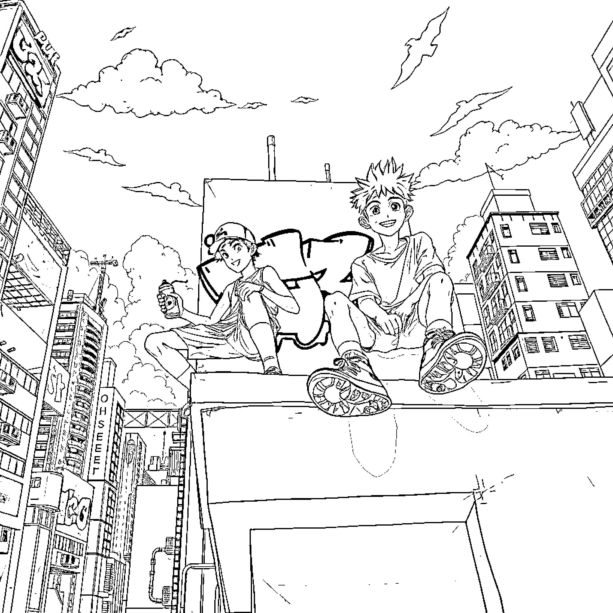 Graffiti Artist Sketching City Scene with Quirky Characters Coloring Page (free black-and-white line drawing printable PDF for all, from beginners to advanced learners, including children, teens, adults, and seniors)