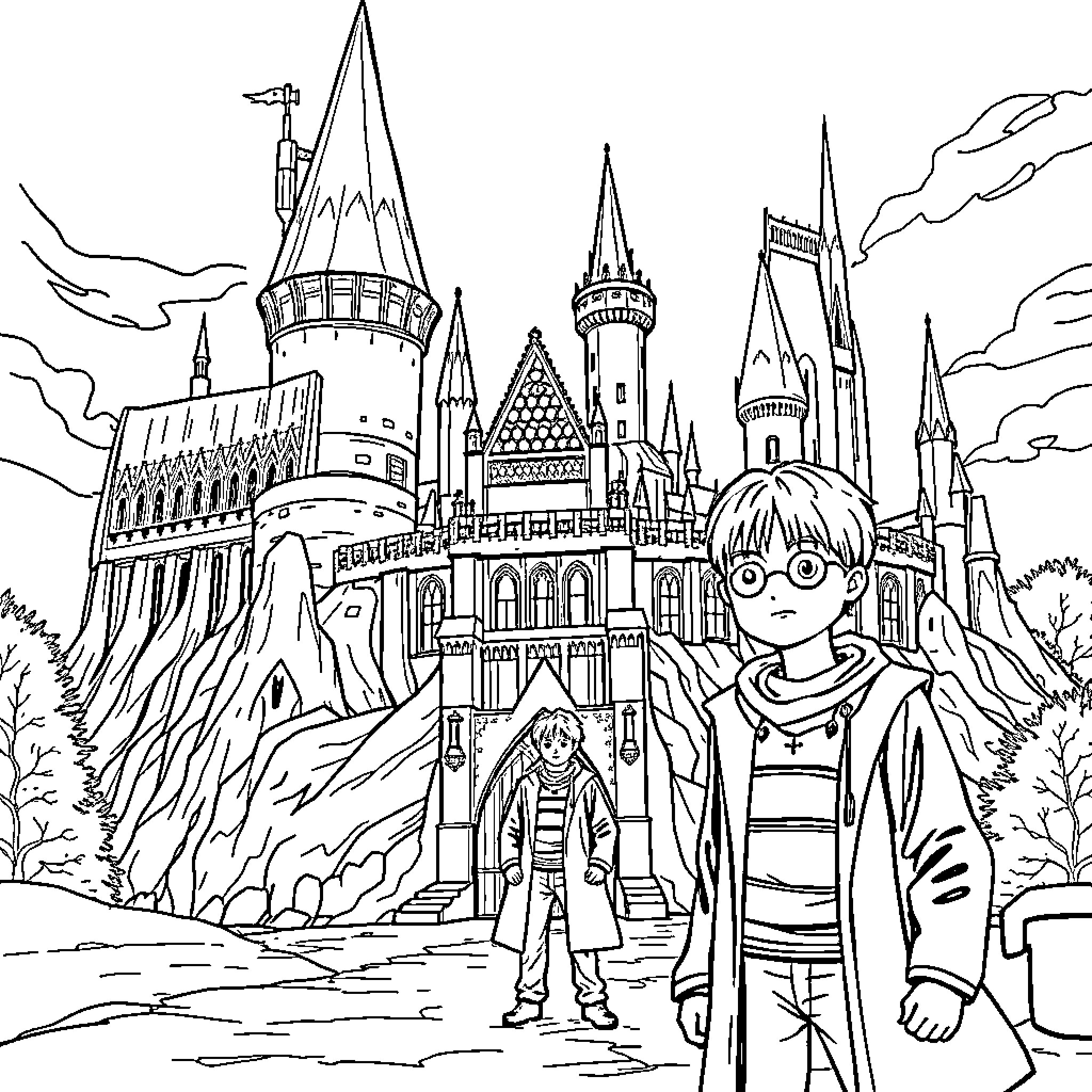 Hogwarts Castle with students in school uniforms Coloring Page (free black-and-white line drawing printable PDF for all, from beginners to advanced learners, including children, teens, adults, and seniors)