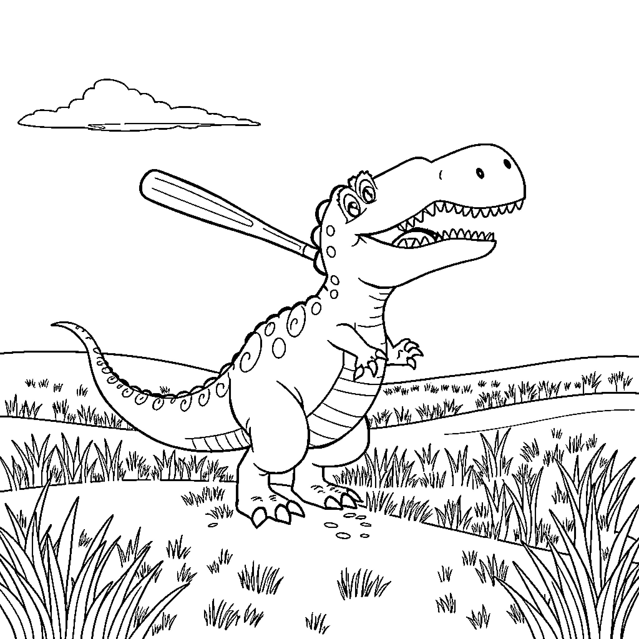 Dinosaur walking through grassy field Coloring Page (free black-and-white line drawing printable PDF for all, from beginners to advanced learners, including children, teens, adults, and seniors)