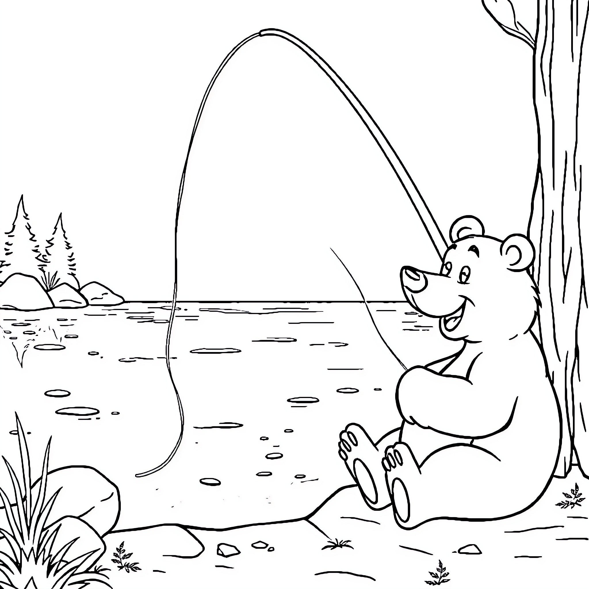 Yogi Bear fishing by the lake Coloring Page (free black-and-white line drawing printable PDF for all, from beginners to advanced learners, including children, teens, adults, and seniors)