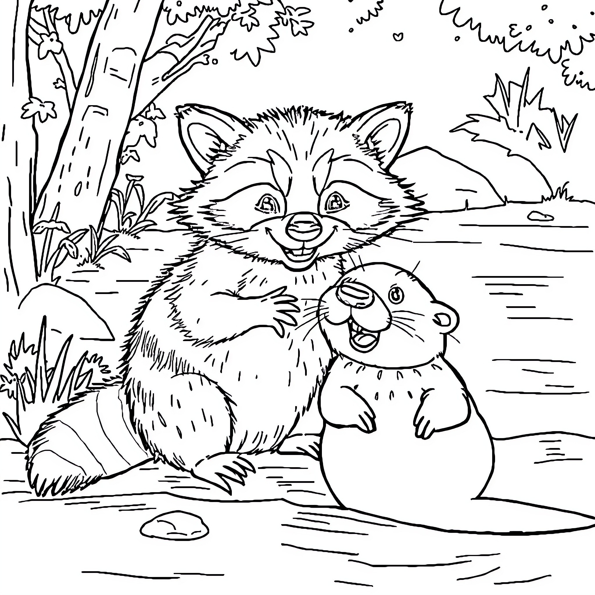 Raccoon friends playing in the forest Coloring Page (free black-and-white line drawing printable PDF for all, from beginners to advanced learners, including children, teens, adults, and seniors)