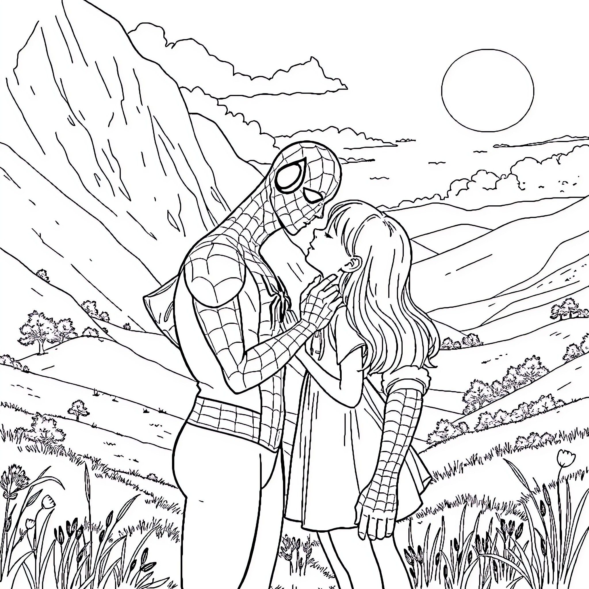 Spider-Man embracing a woman in a romantic scene Coloring Page (free black-and-white line drawing printable PDF for all, from beginners to advanced learners, including children, teens, adults, and seniors)