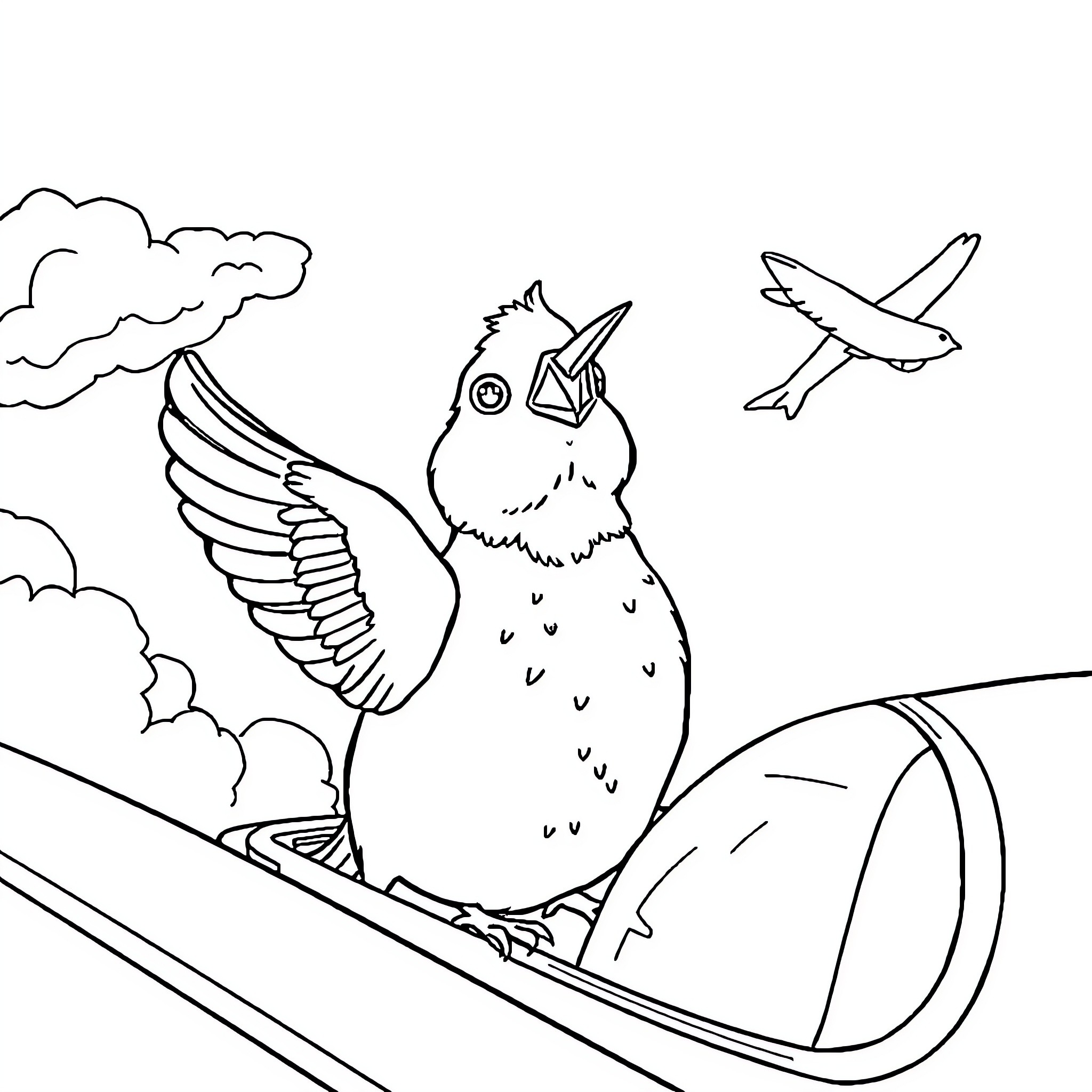 Poule soaring gracefully through the sky Coloring Page (free black-and-white line drawing printable PDF for all, from beginners to advanced learners, including children, teens, adults, and seniors)