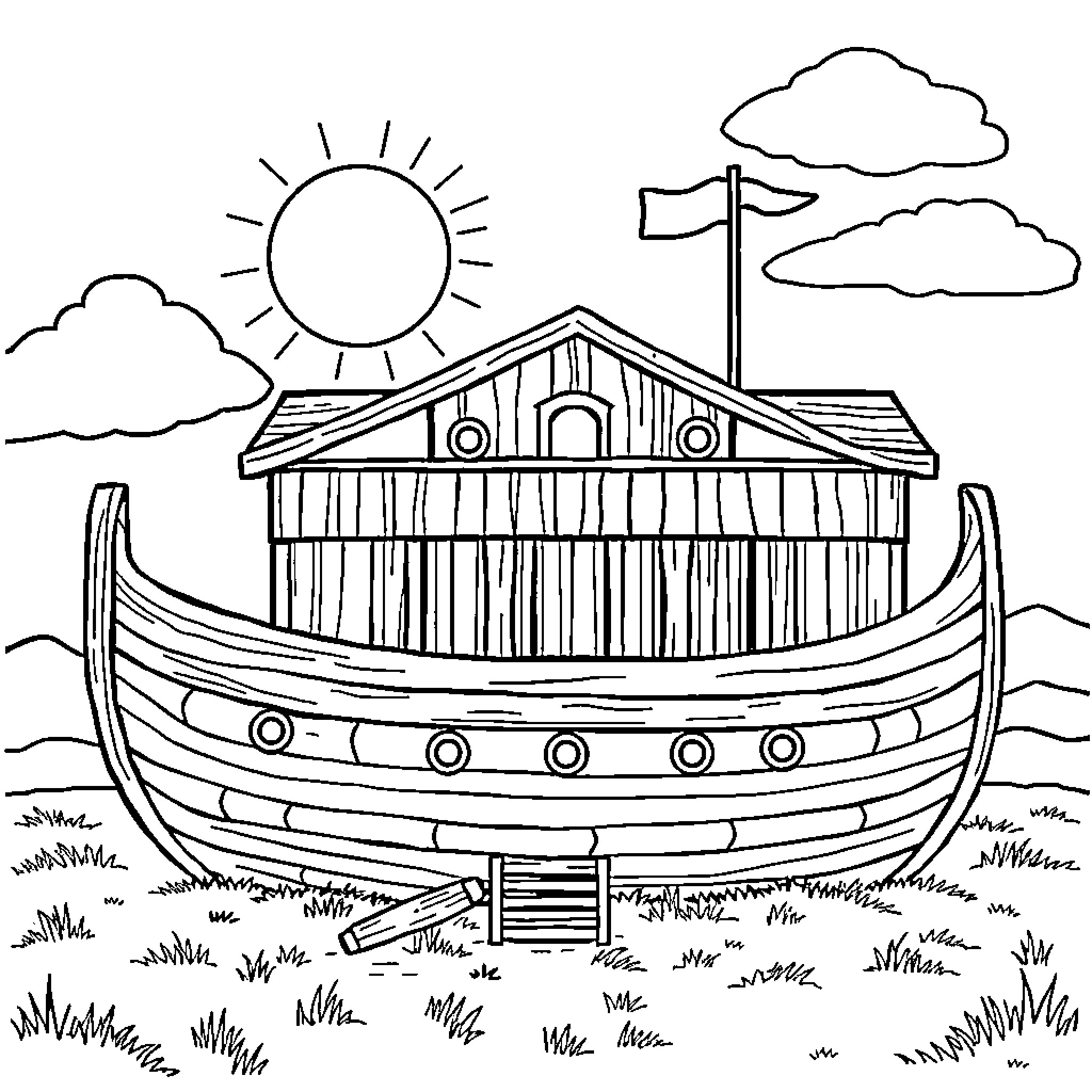 Noah's Ark sailing on a sunny day Coloring Page (free black-and-white line drawing printable PDF for all, from beginners to advanced learners, including children, teens, adults, and seniors)