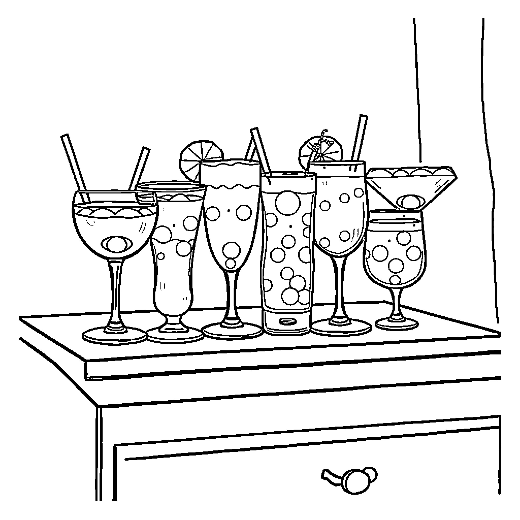 Drink collection on the table Coloring Page (free black-and-white line drawing printable PDF for all, from beginners to advanced learners, including children, teens, adults, and seniors)