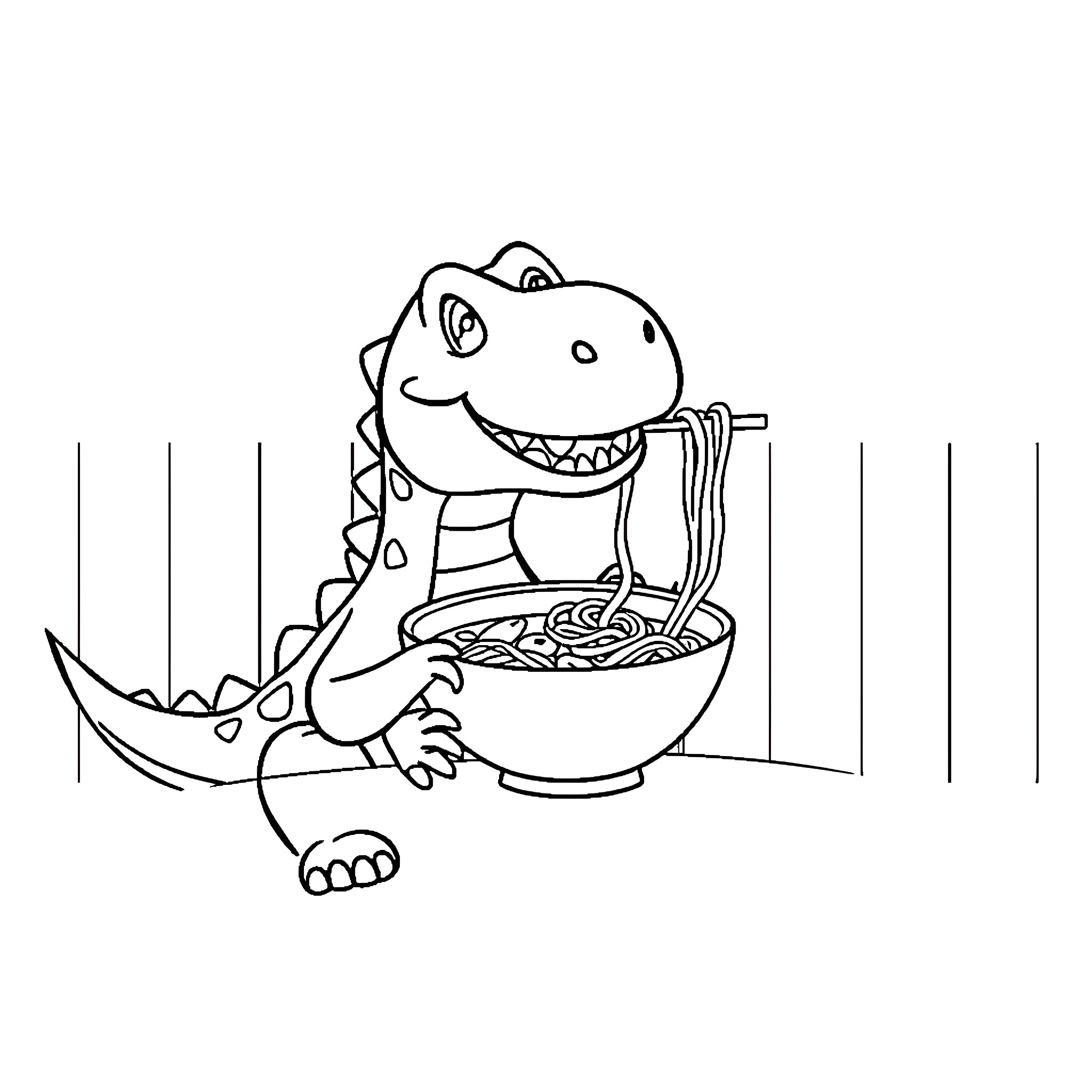 Dinosaur eating noodles happily Coloring Page (free black-and-white line drawing printable PDF for all, from beginners to advanced learners, including children, teens, adults, and seniors)