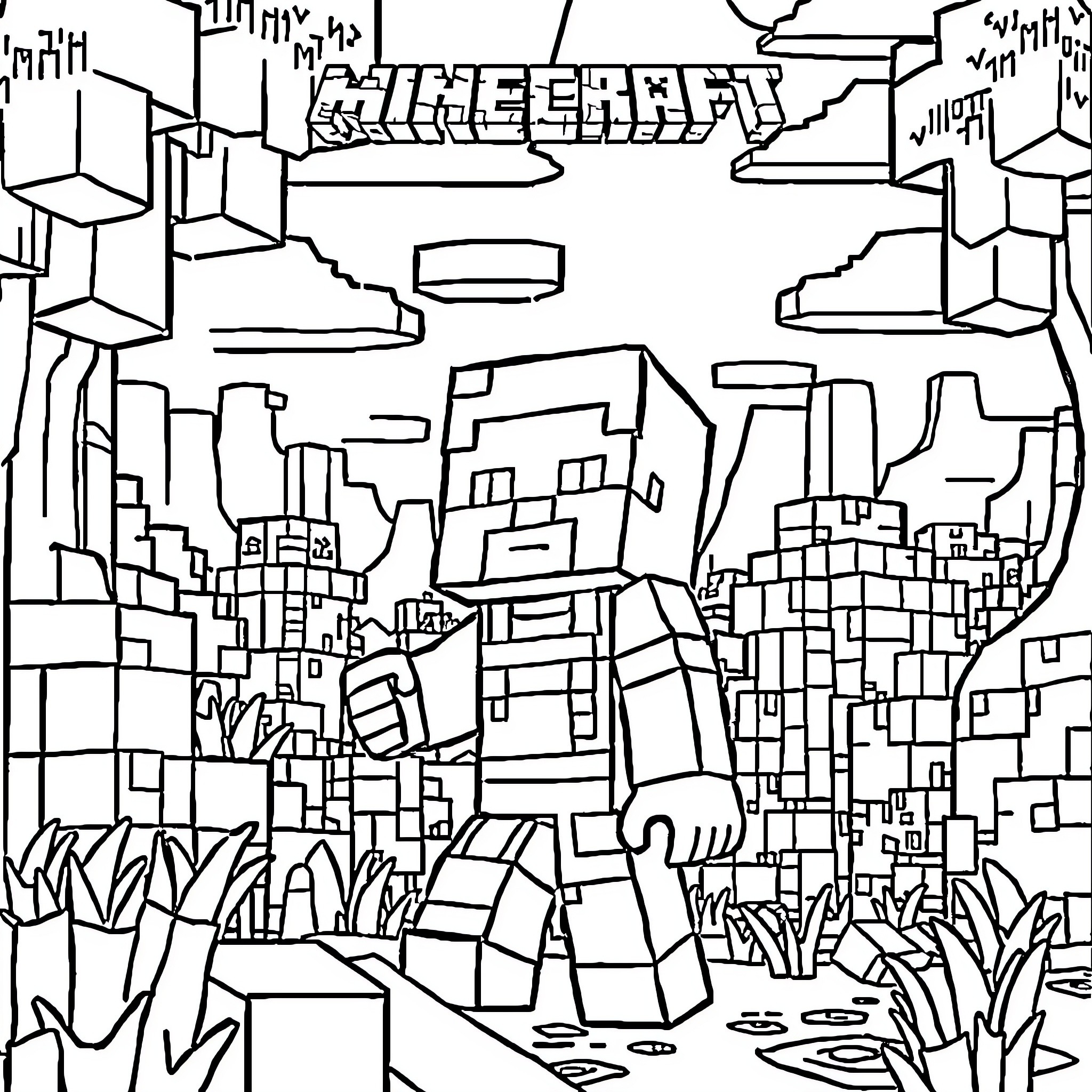 Steve explores the blocky Minecraft landscape Coloring Page (free black-and-white line drawing printable PDF for all, from beginners to advanced learners, including children, teens, adults, and seniors)