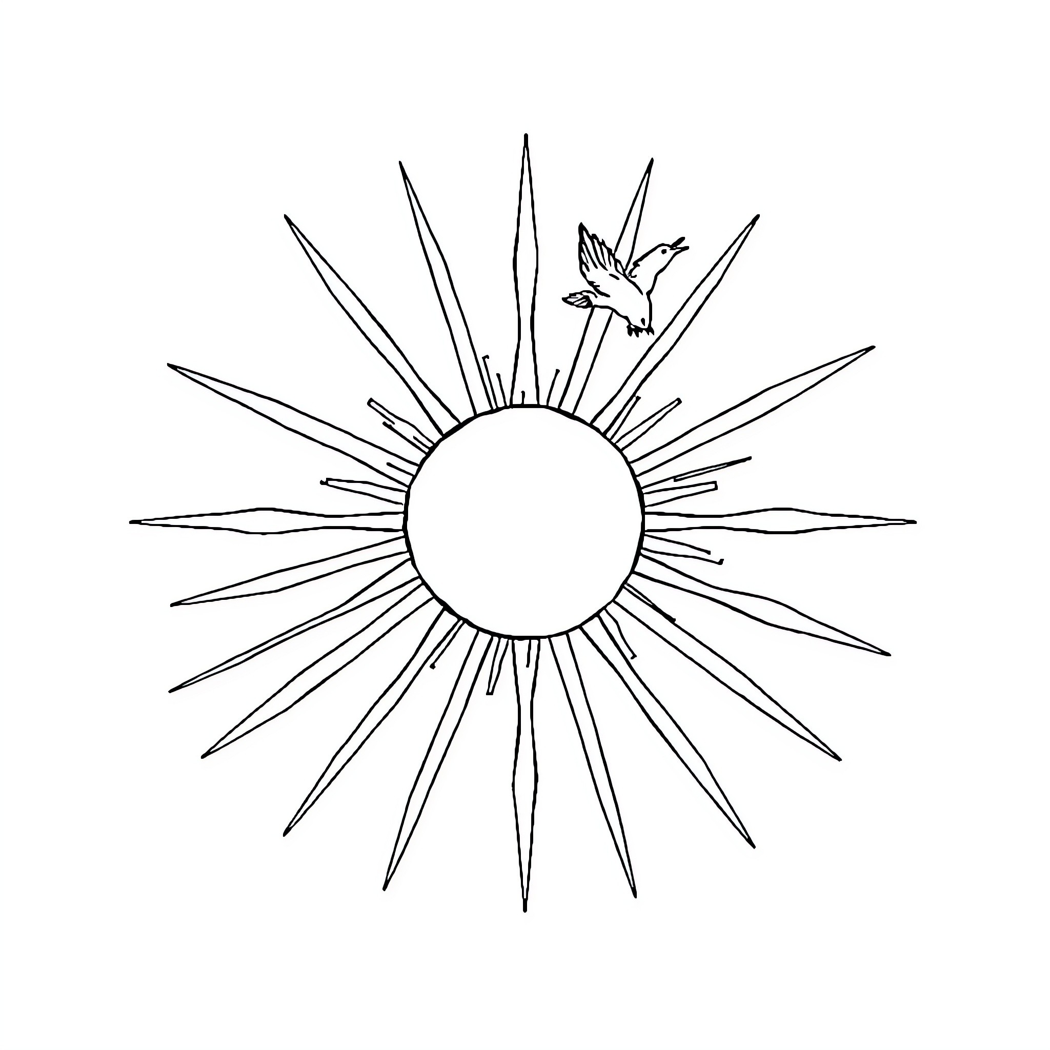 Soleil with Radiant Sunbeams and a Bird Coloring Page (free black-and-white line drawing printable PDF for all, from beginners to advanced learners, including children, teens, adults, and seniors)