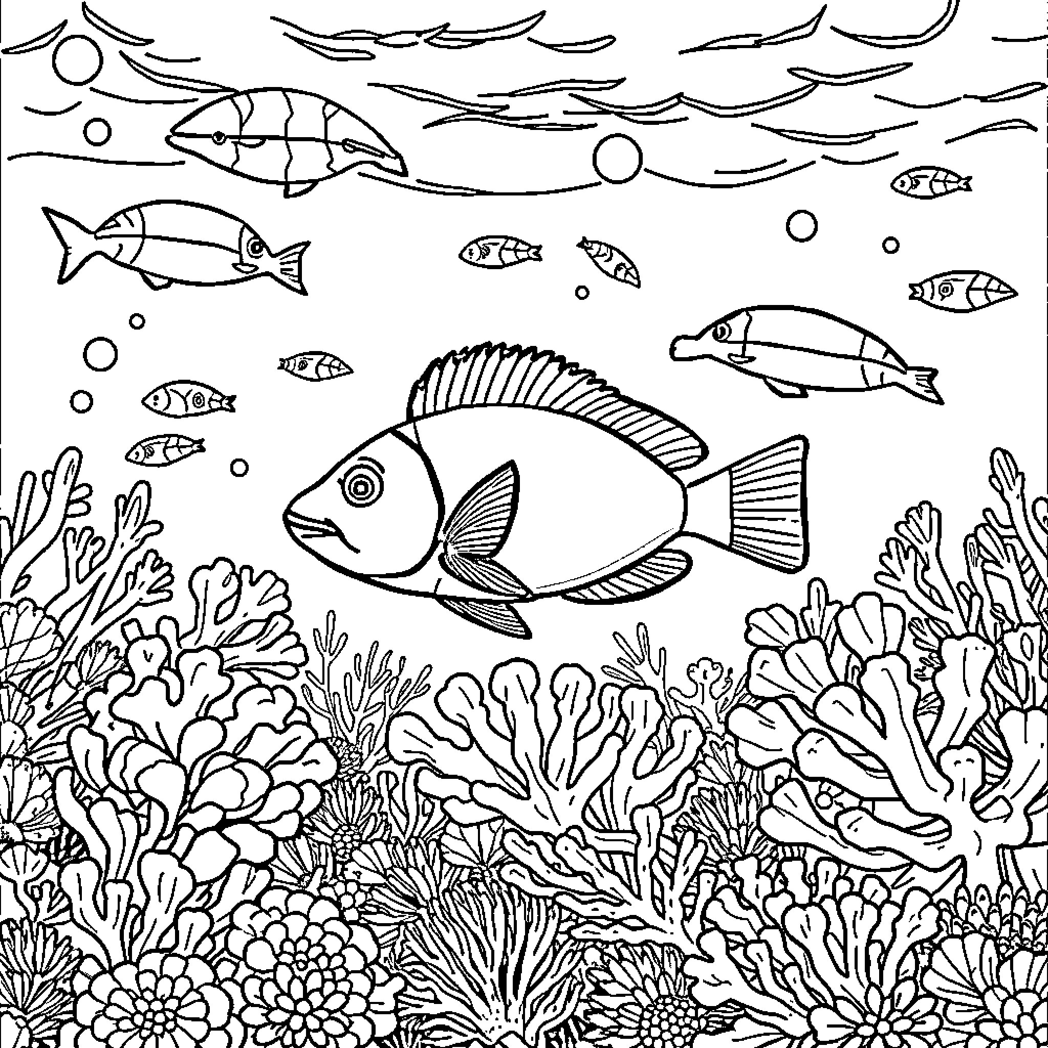 Marine Life Underwater Exploration Coloring Page (free black-and-white line drawing printable PDF for all, from beginners to advanced learners, including children, teens, adults, and seniors)