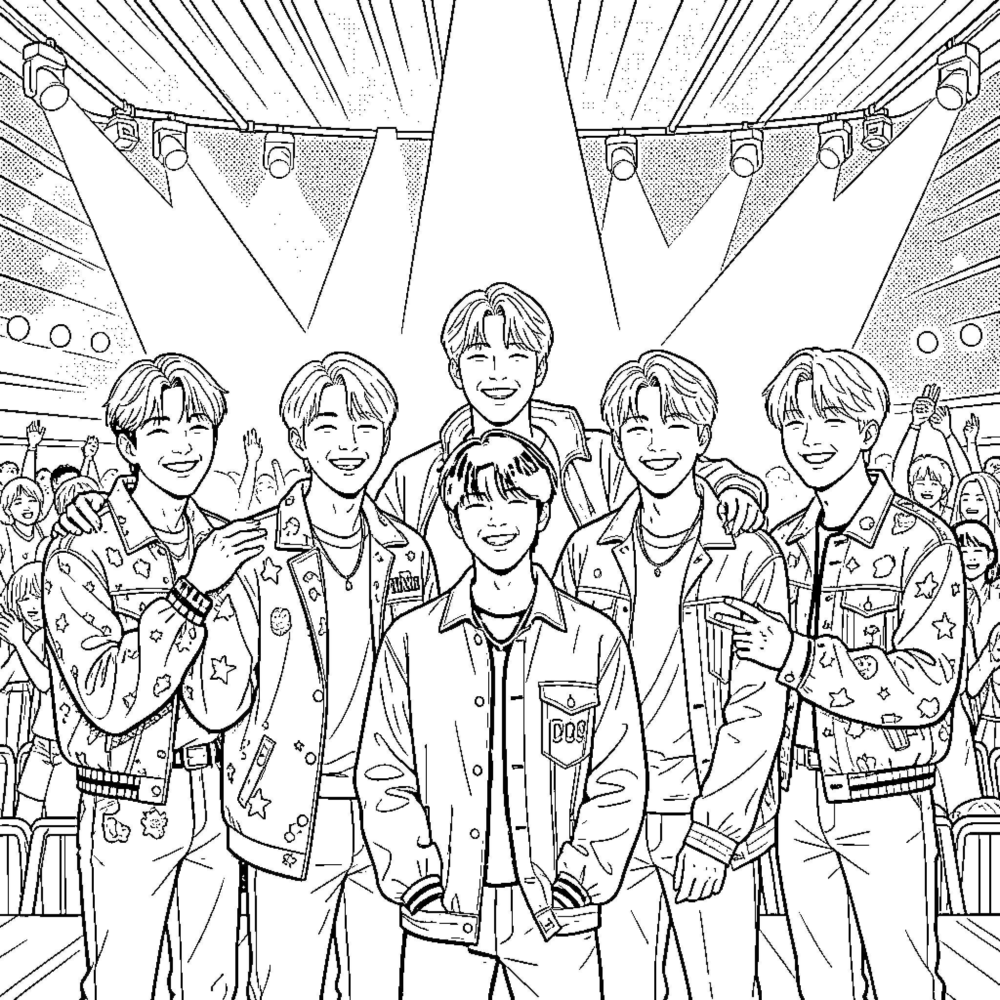 BTS Members Performing on Stage with Joyful Expressions Coloring Page (free black-and-white line drawing printable PDF for all, from beginners to advanced learners, including children, teens, adults, and seniors)