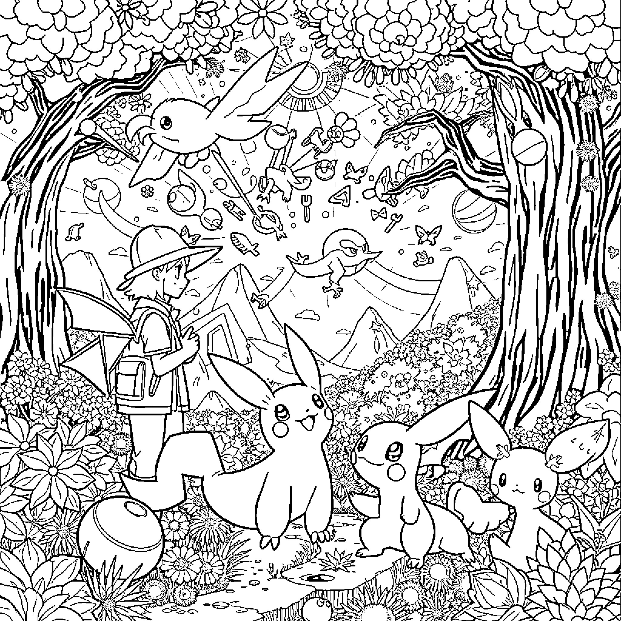 Pokémon exploring the enchanted forest landscape Coloring Page (free black-and-white line drawing printable PDF for all, from beginners to advanced learners, including children, teens, adults, and seniors)