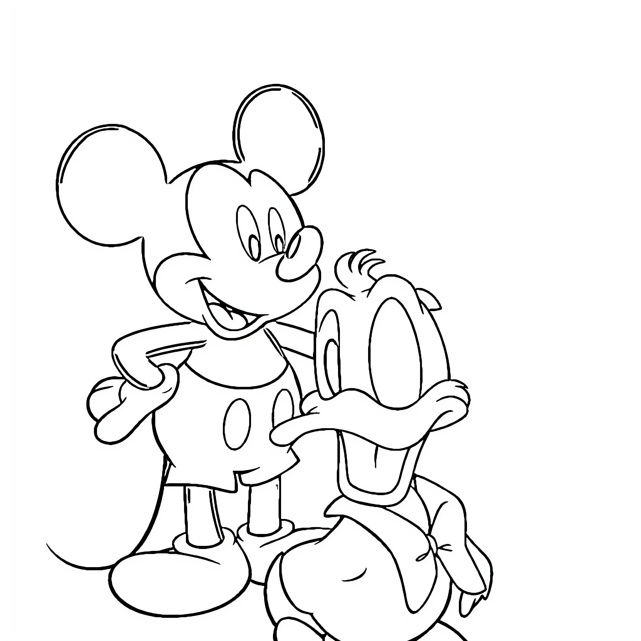 Mickey Mouse and Pluto playing together happily Coloring Page (free black-and-white line drawing printable PDF for all, from beginners to advanced learners, including children, teens, adults, and seniors)