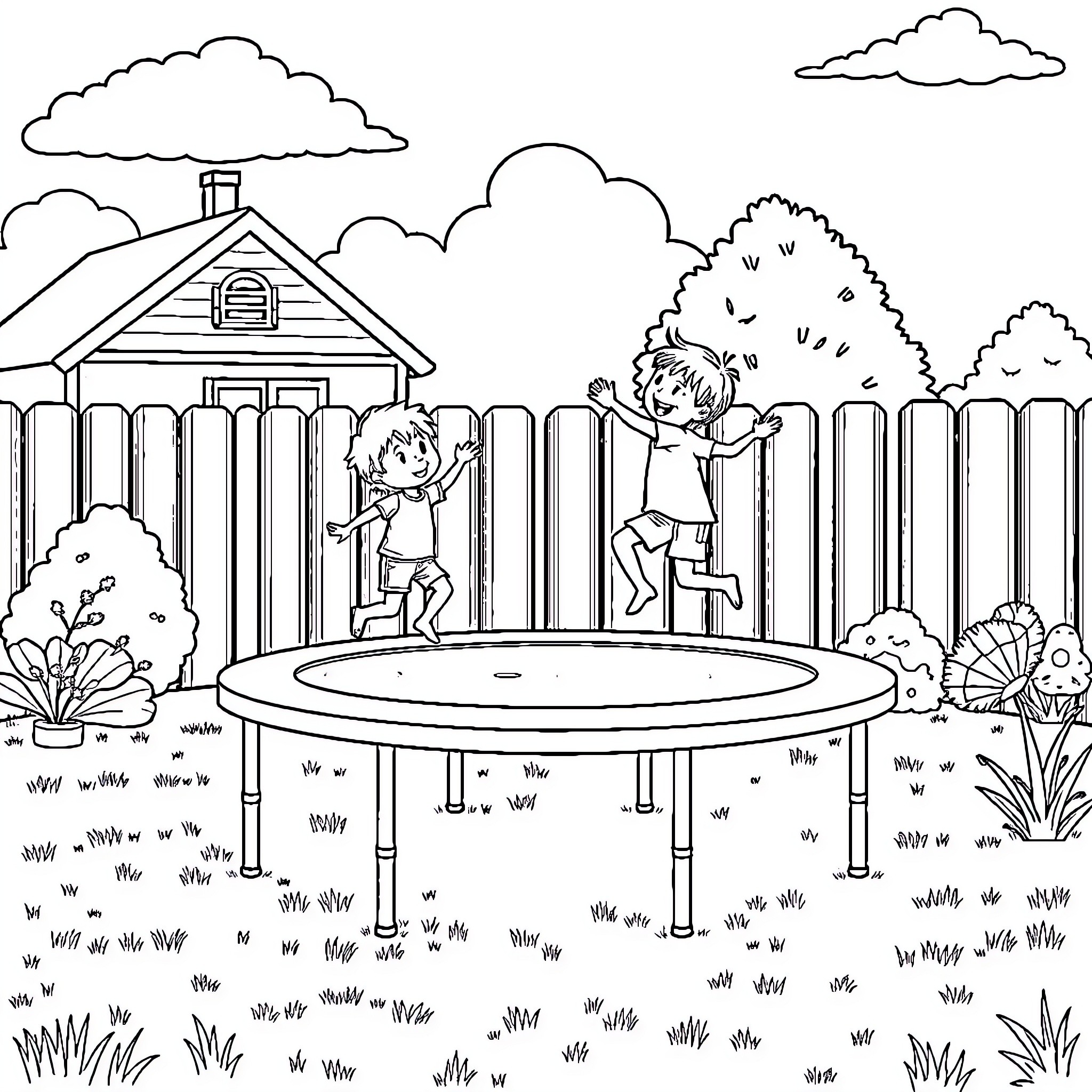 Kid playing on trampoline in the backyard Coloring Page (free black-and-white line drawing printable PDF for all, from beginners to advanced learners, including children, teens, adults, and seniors)