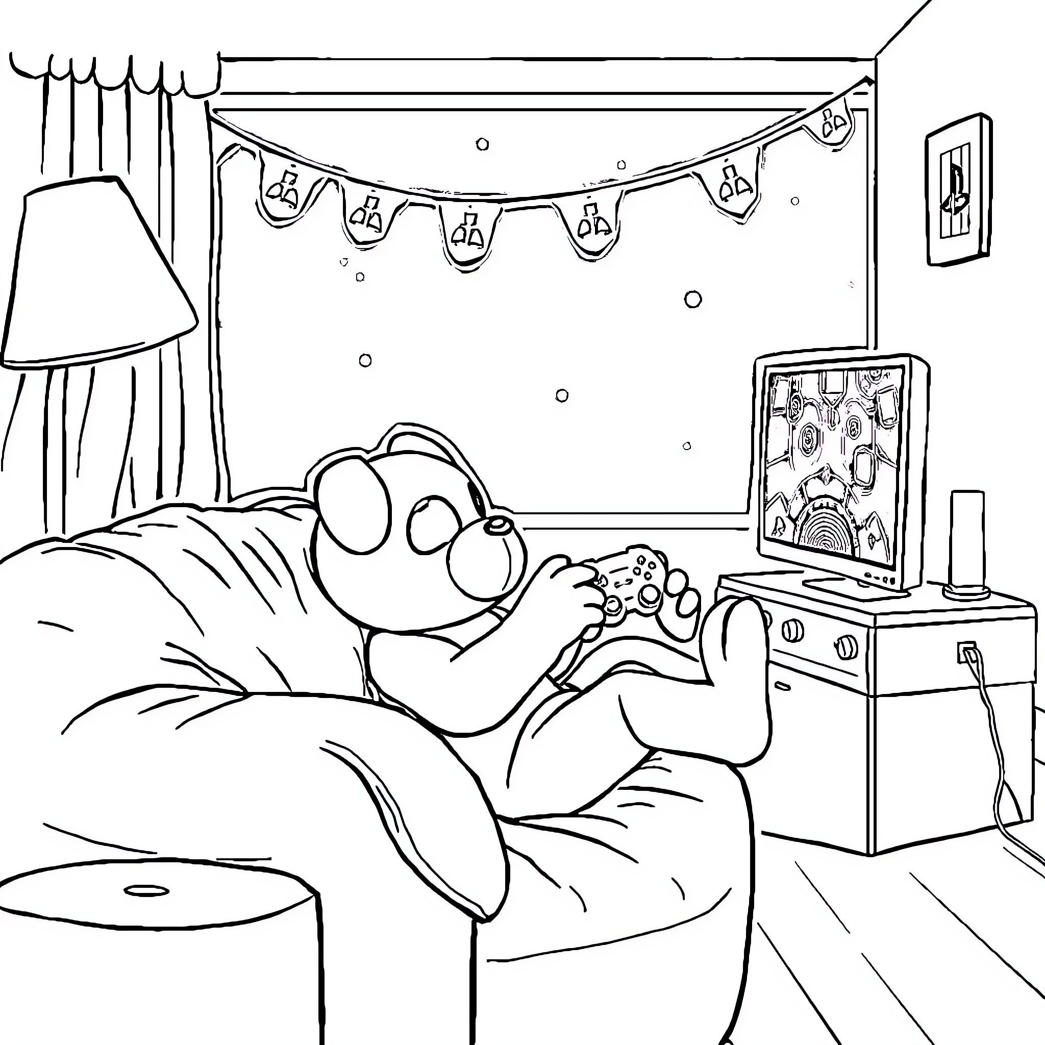 Labubu playing video games on the couch Coloring Page (free black-and-white line drawing printable PDF for all, from beginners to advanced learners, including children, teens, adults, and seniors)