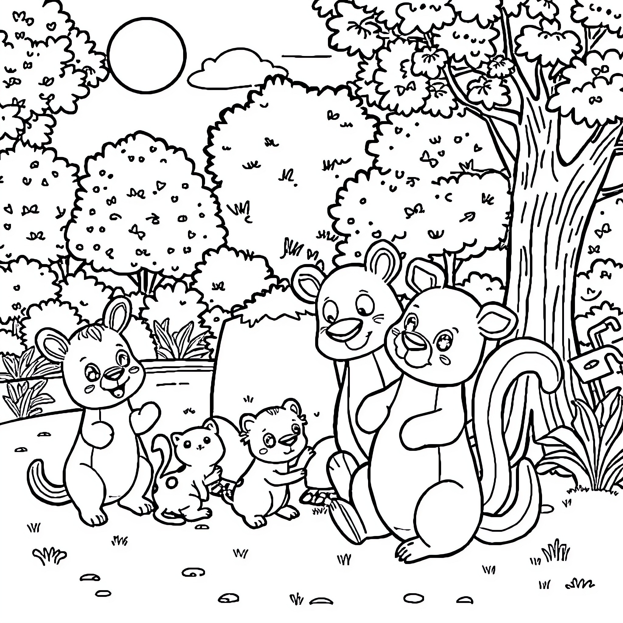 Animal family exploring the forest Coloring Page (free black-and-white line drawing printable PDF for all, from beginners to advanced learners, including children, teens, adults, and seniors)