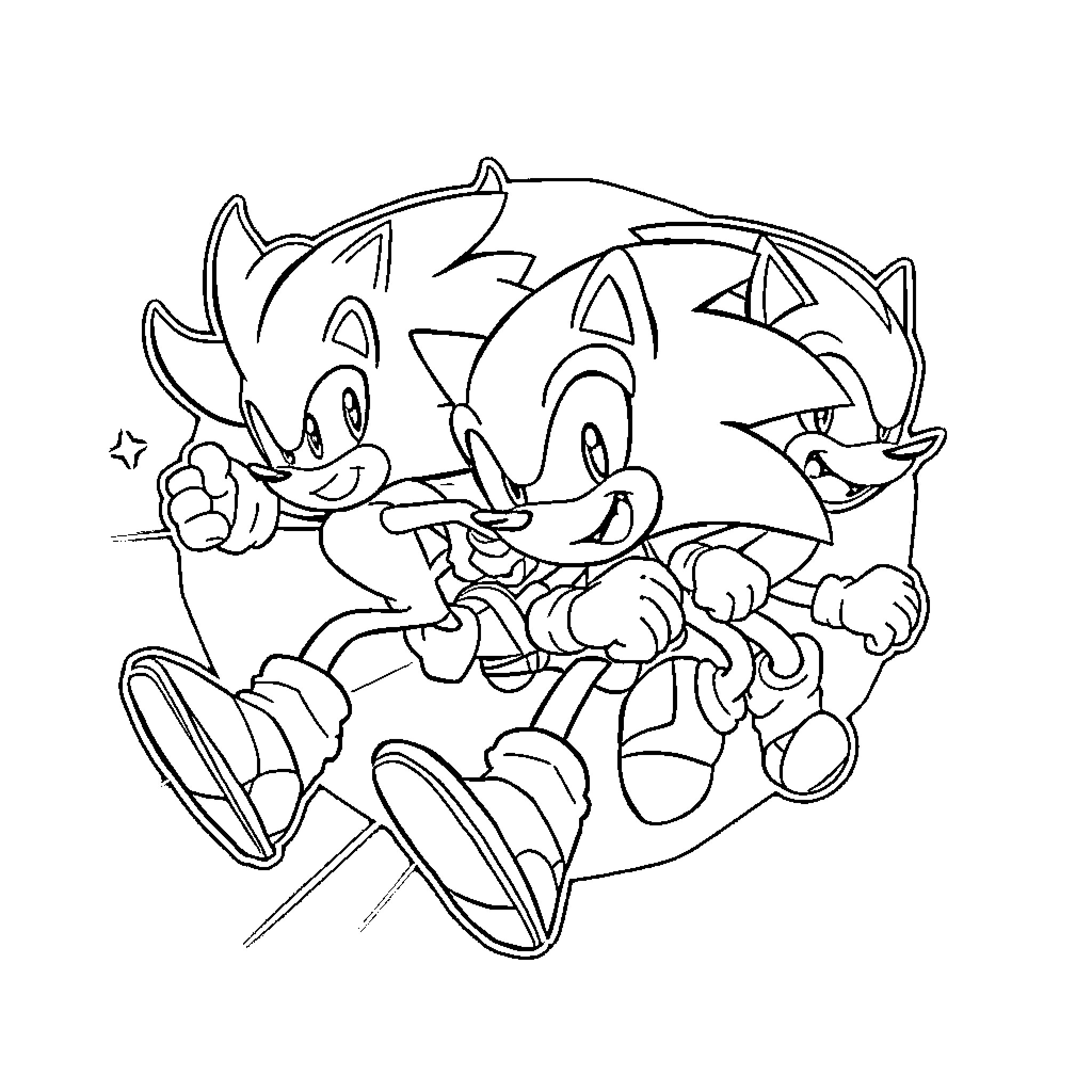 Sonic and Friends in Playful Action Coloring Page (free black-and-white line drawing printable PDF for all, from beginners to advanced learners, including children, teens, adults, and seniors)