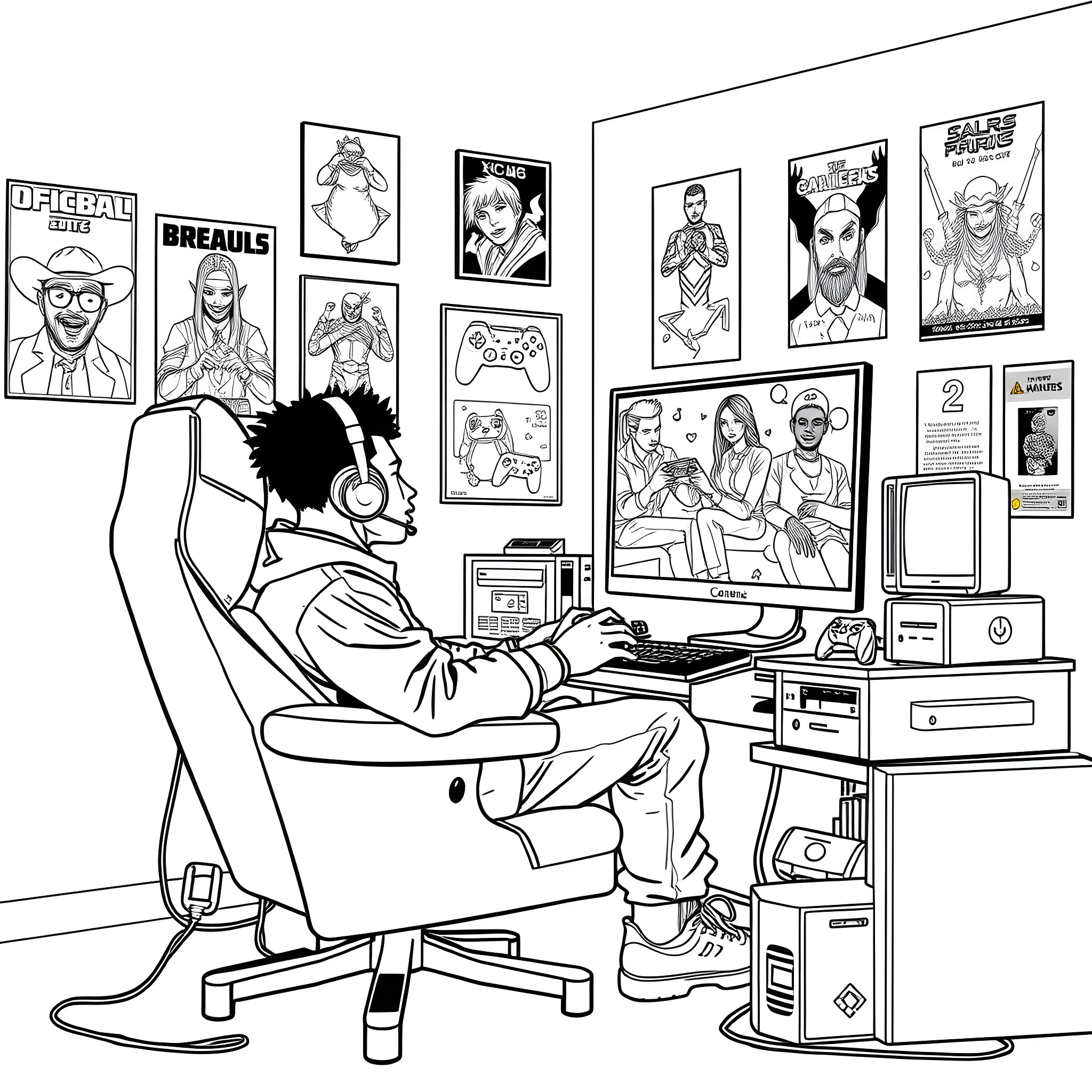 Xxxtentacion gaming in his room with posters Coloring Page (free black-and-white line drawing printable PDF for all, from beginners to advanced learners, including children, teens, adults, and seniors)