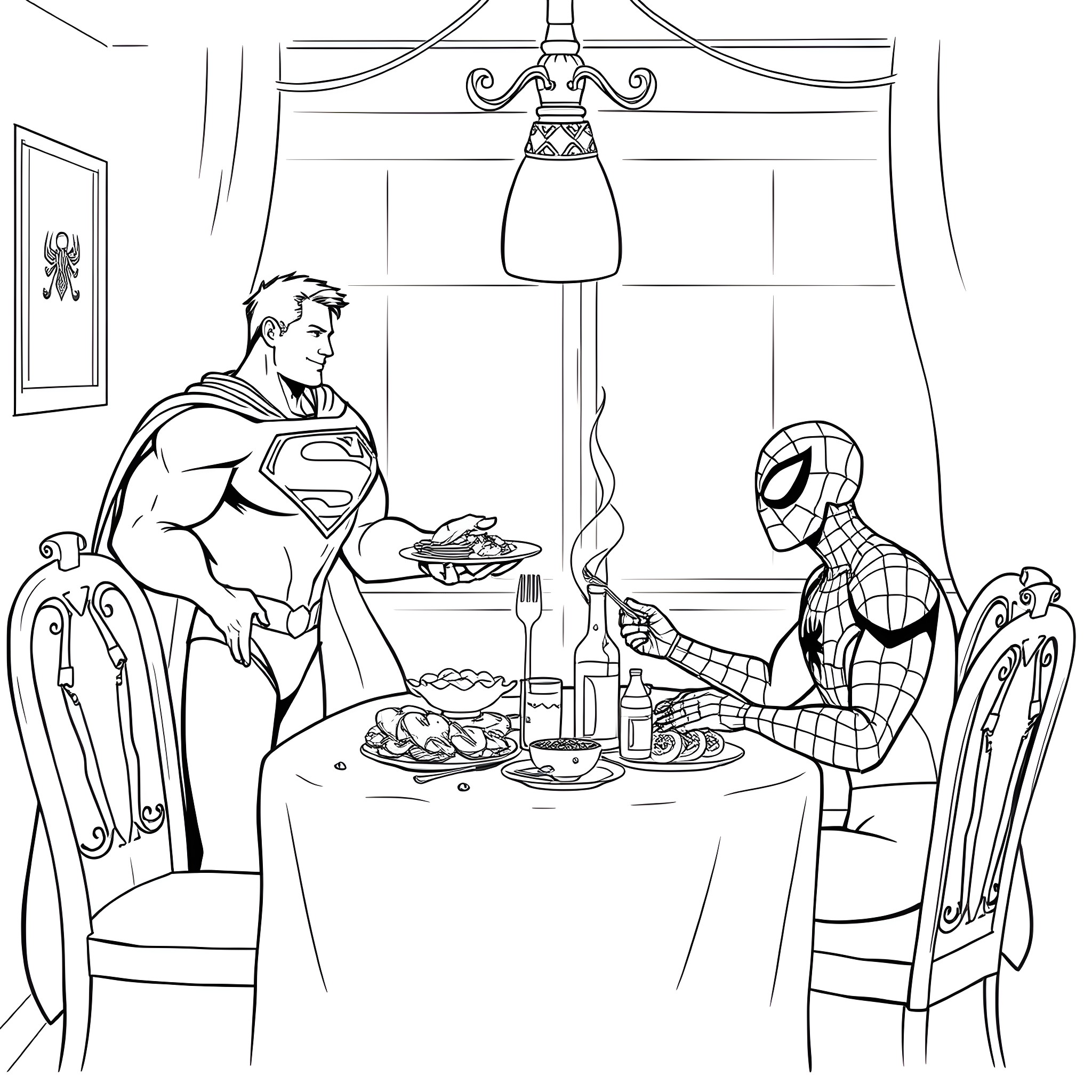 Superman and Spider-Man enjoying a meal together Coloring Page (free black-and-white line drawing printable PDF for all, from beginners to advanced learners, including children, teens, adults, and seniors)