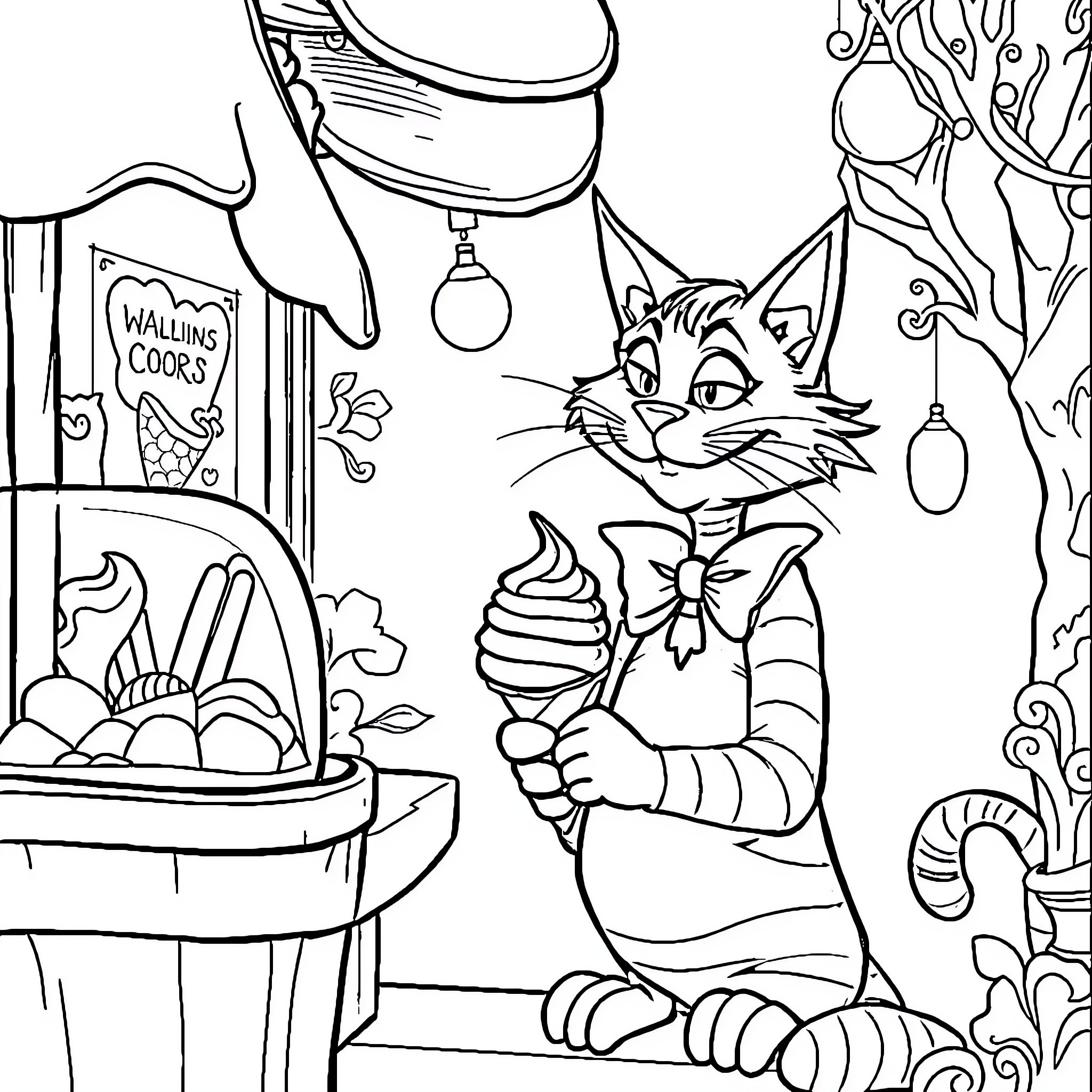 Cheshire Cat's Whimsical Encounter in Wonderland Coloring Page (free black-and-white line drawing printable PDF for all, from beginners to advanced learners, including children, teens, adults, and seniors)