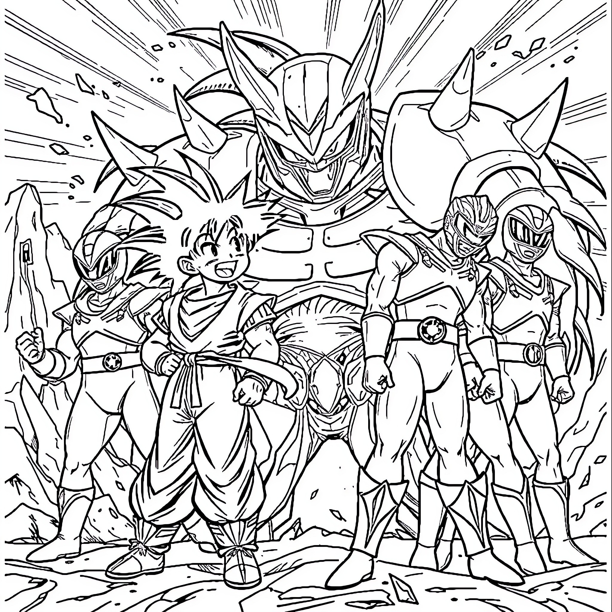 Dragon warriors in epic battle scene Coloring Page (free black-and-white line drawing printable PDF for all, from beginners to advanced learners, including children, teens, adults, and seniors)
