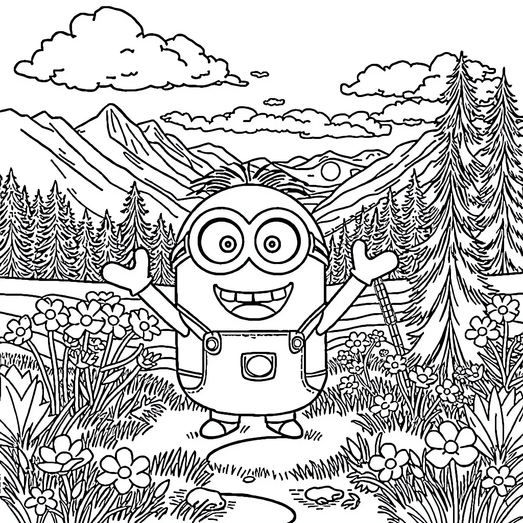 Minion exploring the scenic mountain landscape Coloring Page (free black-and-white line drawing printable PDF for all, from beginners to advanced learners, including children, teens, adults, and seniors)