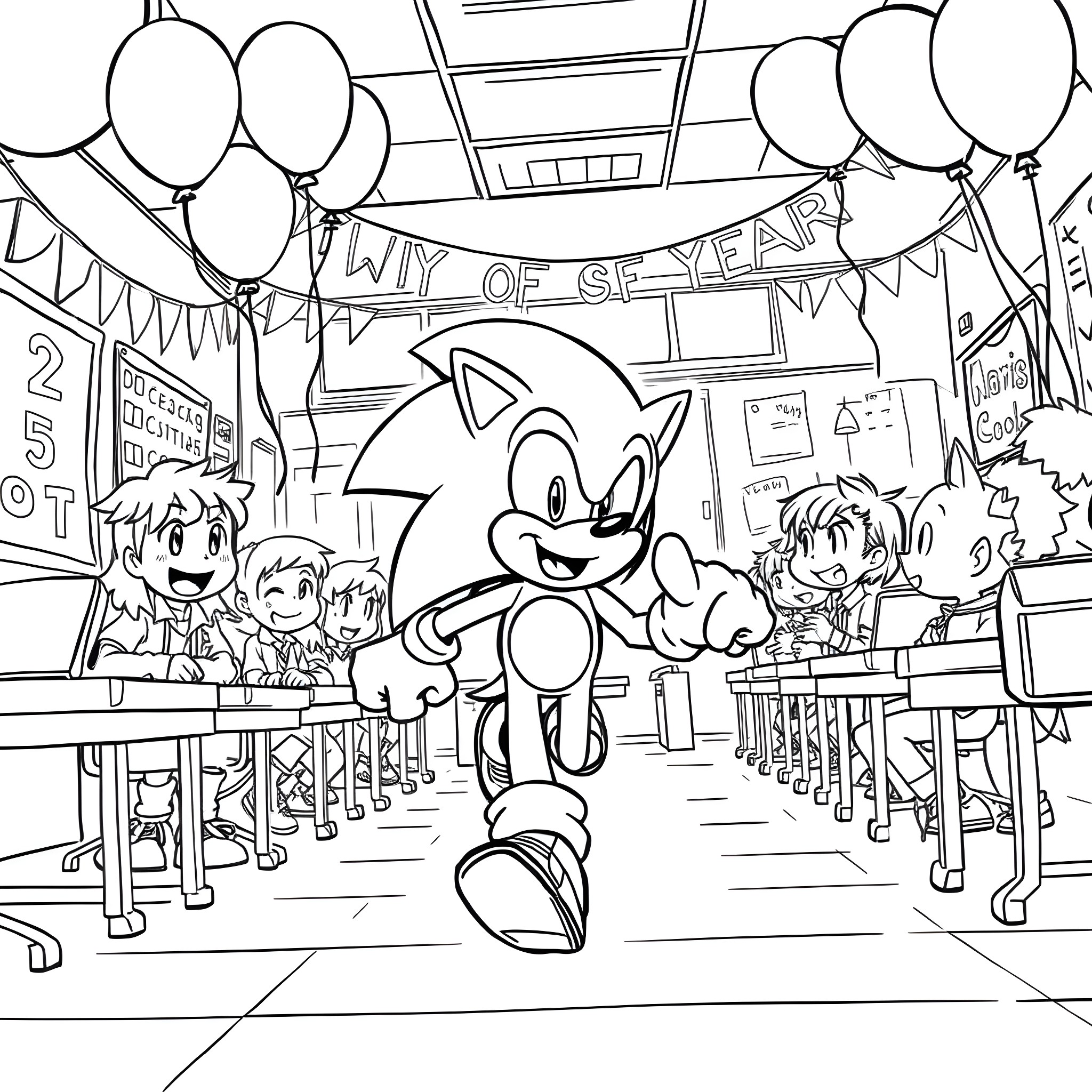 Sonic's Joyful End-of-Year Celebration Coloring Page (free black-and-white line drawing printable PDF for all, from beginners to advanced learners, including children, teens, adults, and seniors)
