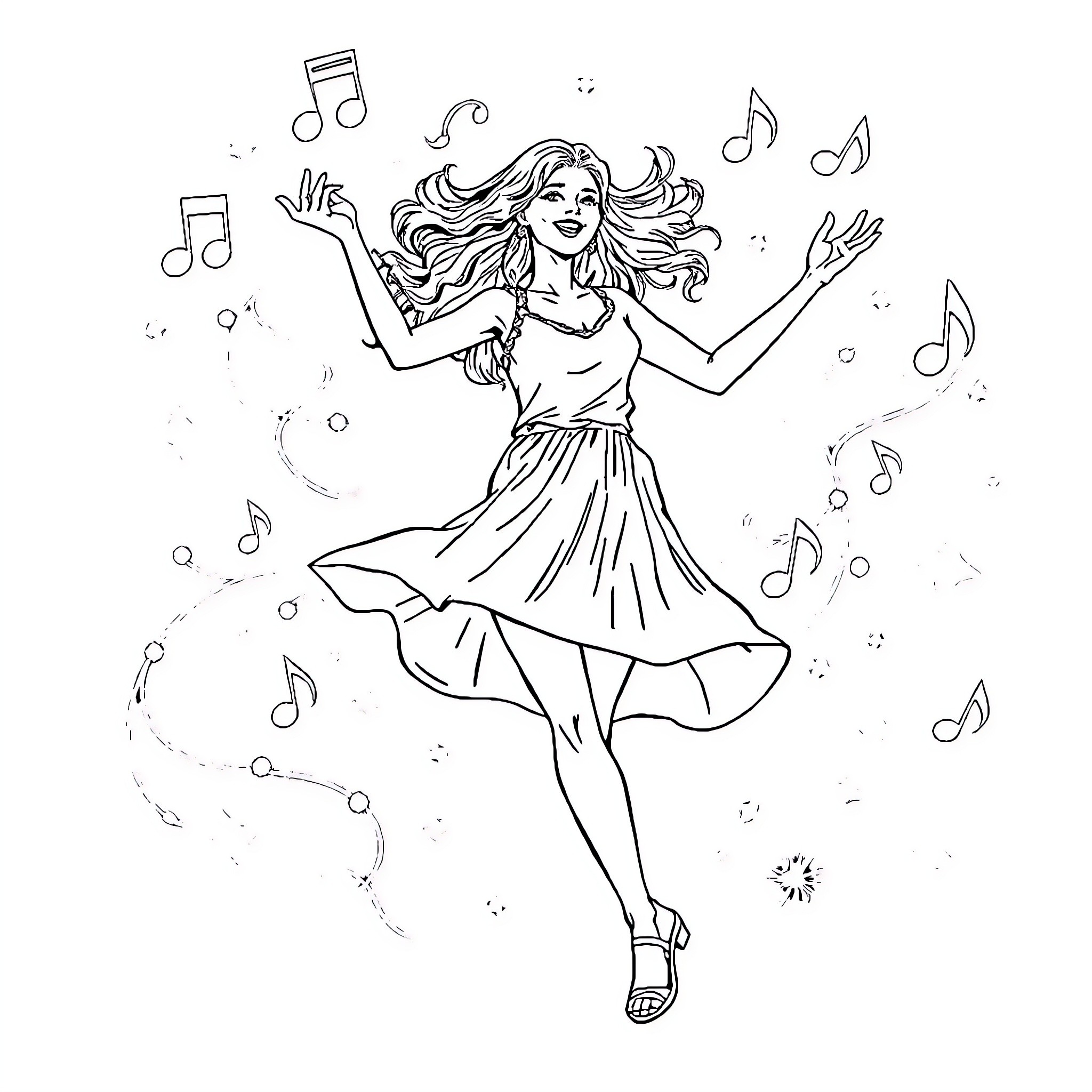Woman dancing joyfully with musical notes Coloring Page (free black-and-white line drawing printable PDF for all, from beginners to advanced learners, including children, teens, adults, and seniors)