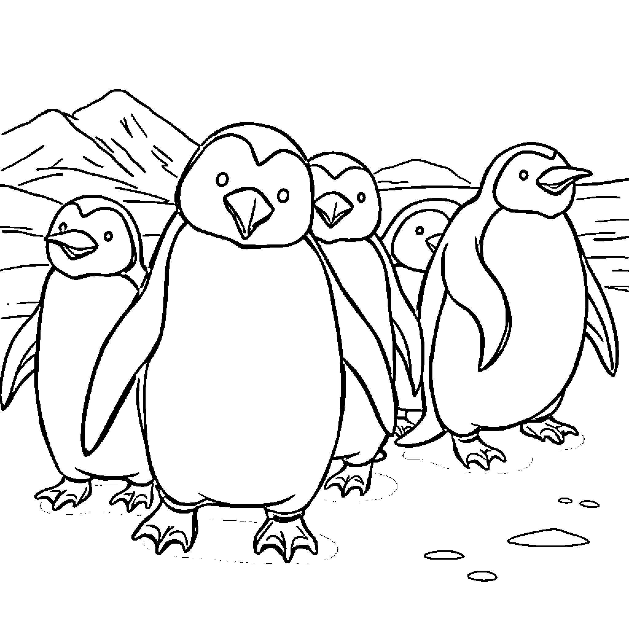 Penguins gathering in snowy landscape Coloring Page (free black-and-white line drawing printable PDF for all, from beginners to advanced learners, including children, teens, adults, and seniors)