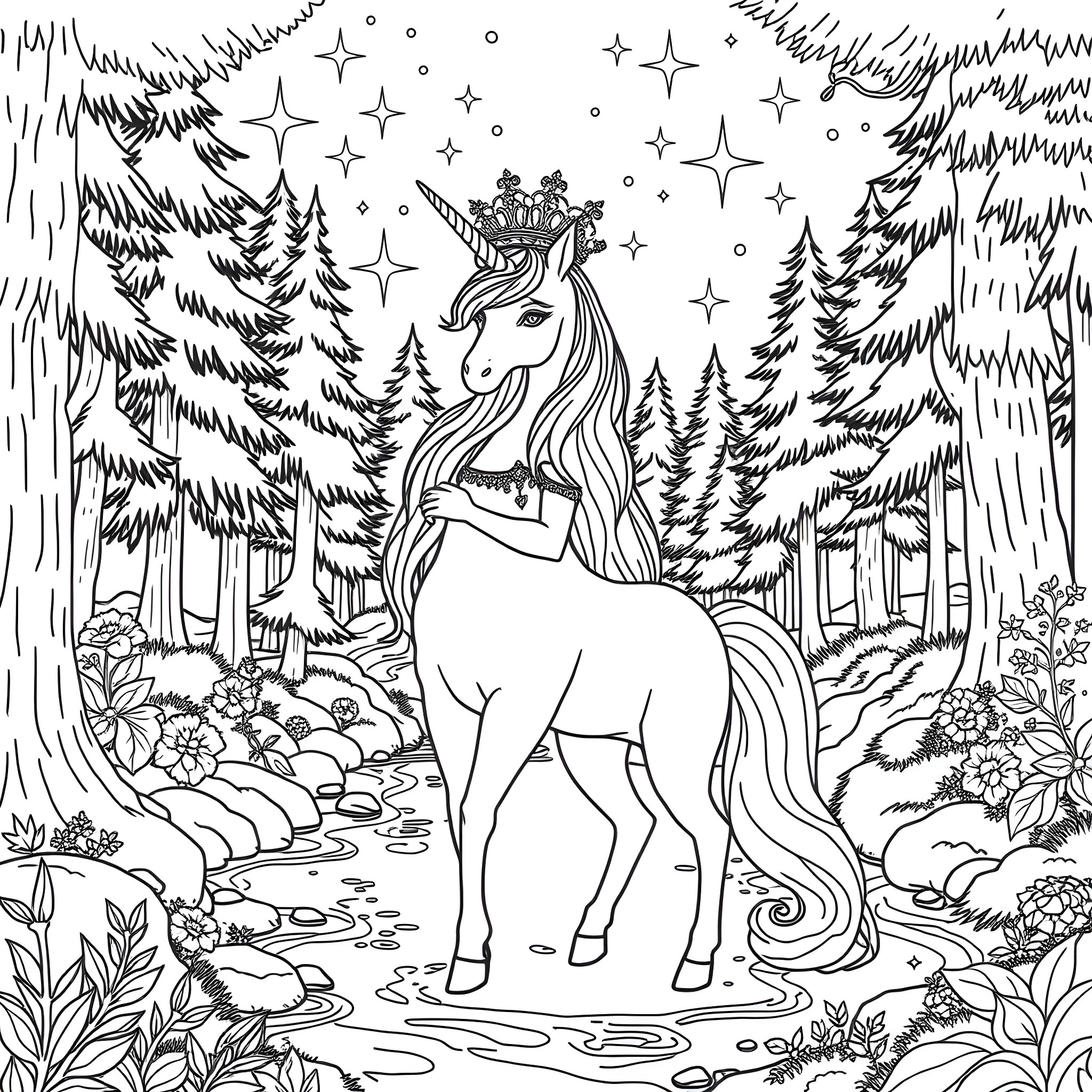 Unicorn standing amidst enchanting forest scenery Coloring Page (free black-and-white line drawing printable PDF for all, from beginners to advanced learners, including children, teens, adults, and seniors)