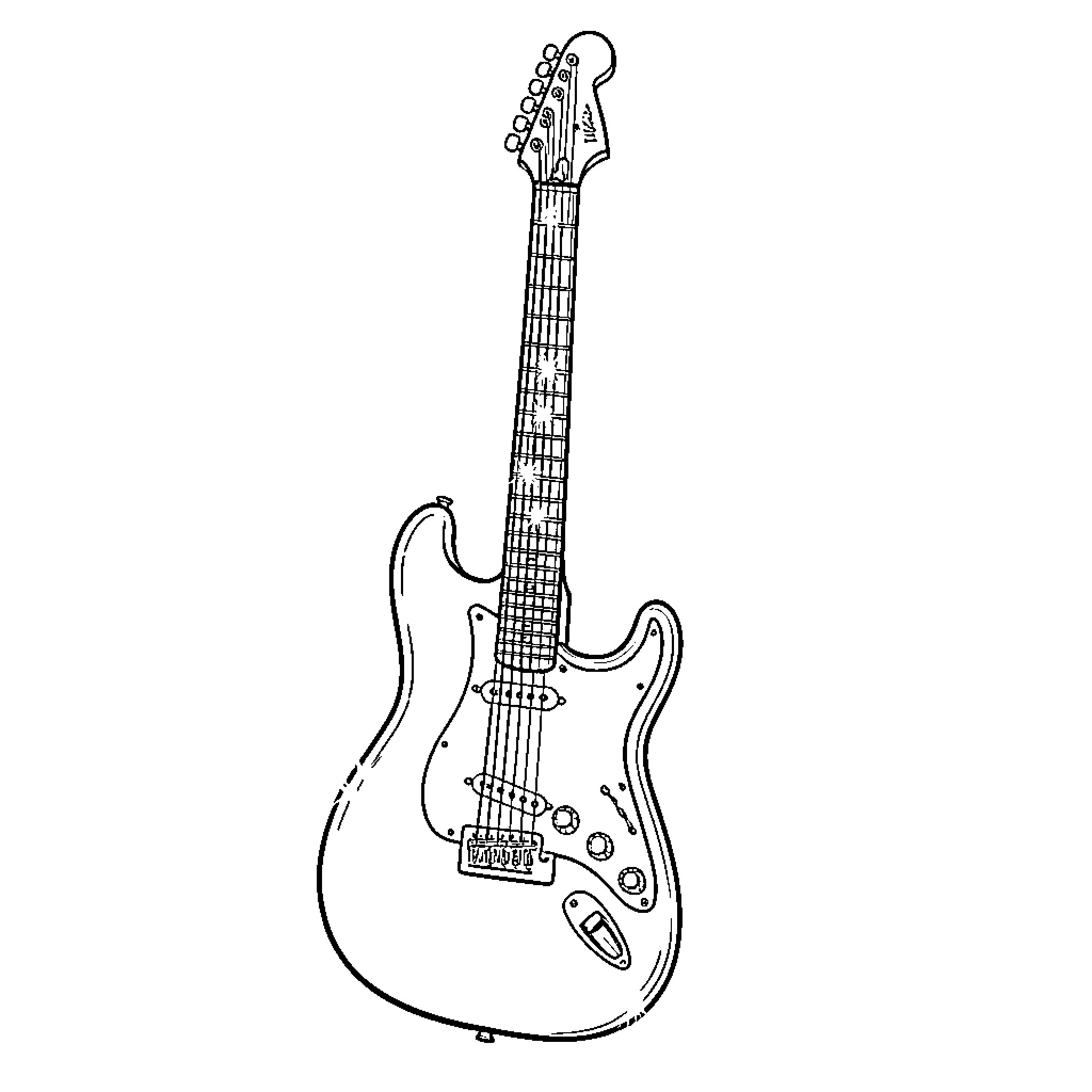 Electric Guitar standing upright against a plain background Coloring Page (free black-and-white line drawing printable PDF for all, from beginners to advanced learners, including children, teens, adults, and seniors)