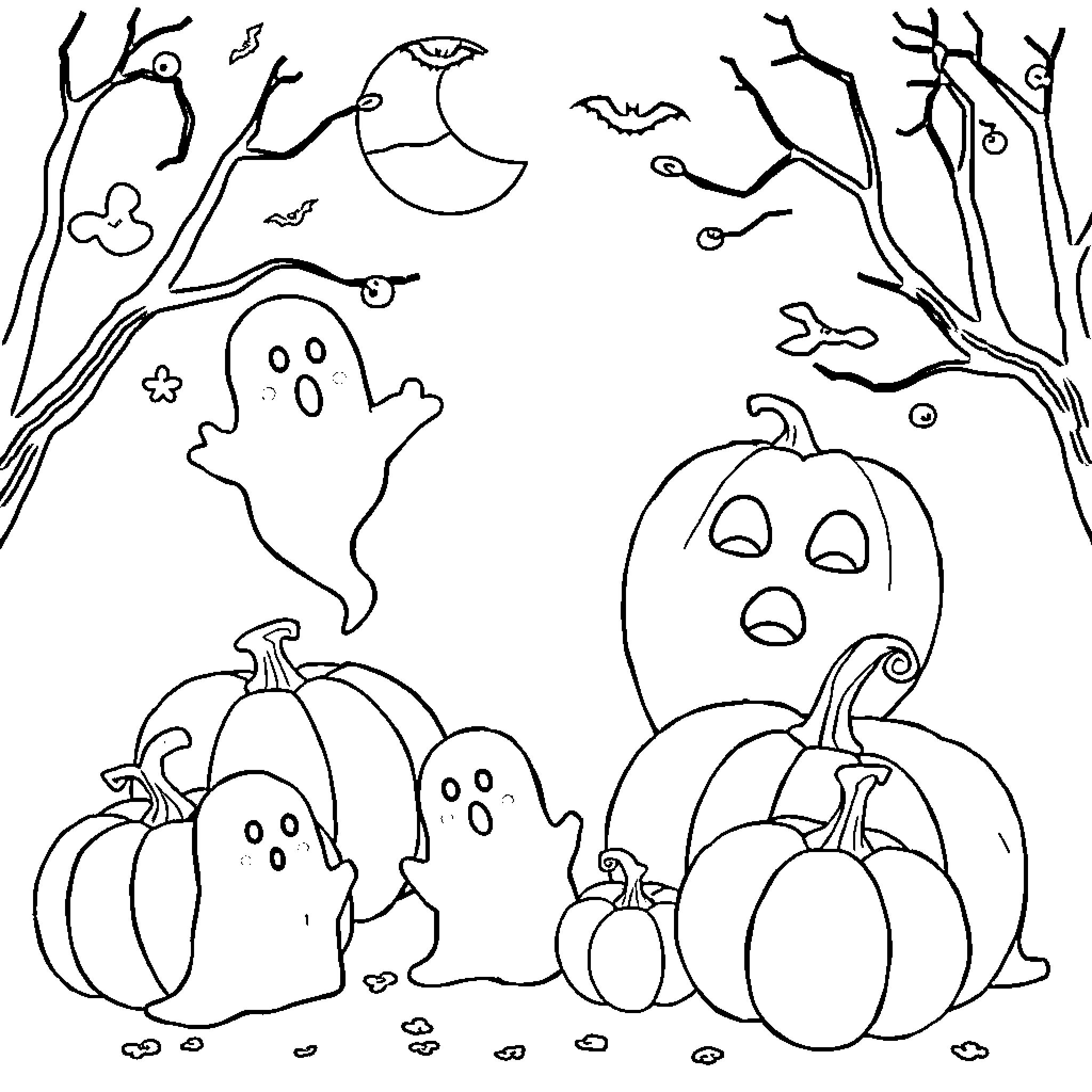 Halloween spooky scene with ghostly pumpkins and decorations Coloring Page (free black-and-white line drawing printable PDF for all, from beginners to advanced learners, including children, teens, adults, and seniors)