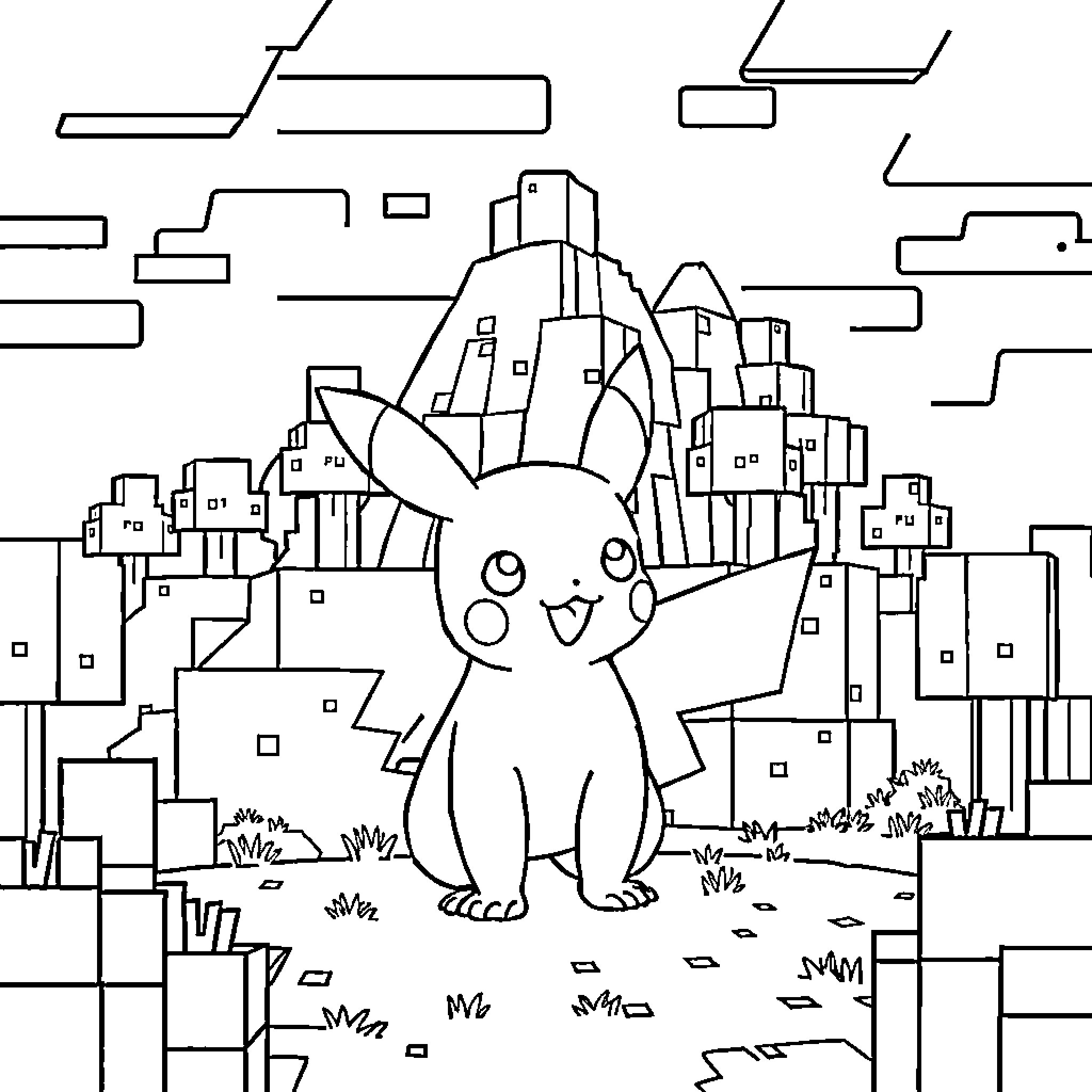 Pokémon Pikachu smiling happily in a blocky landscape Coloring Page (free black-and-white line drawing printable PDF for all, from beginners to advanced learners, including children, teens, adults, and seniors)