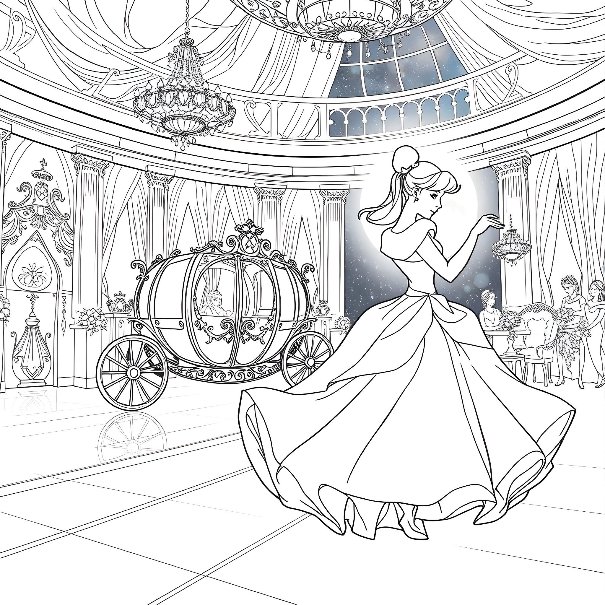 Cinderella dancing gracefully in a magnificent ballroom Coloring Page (free black-and-white line drawing printable PDF for all, from beginners to advanced learners, including children, teens, adults, and seniors)