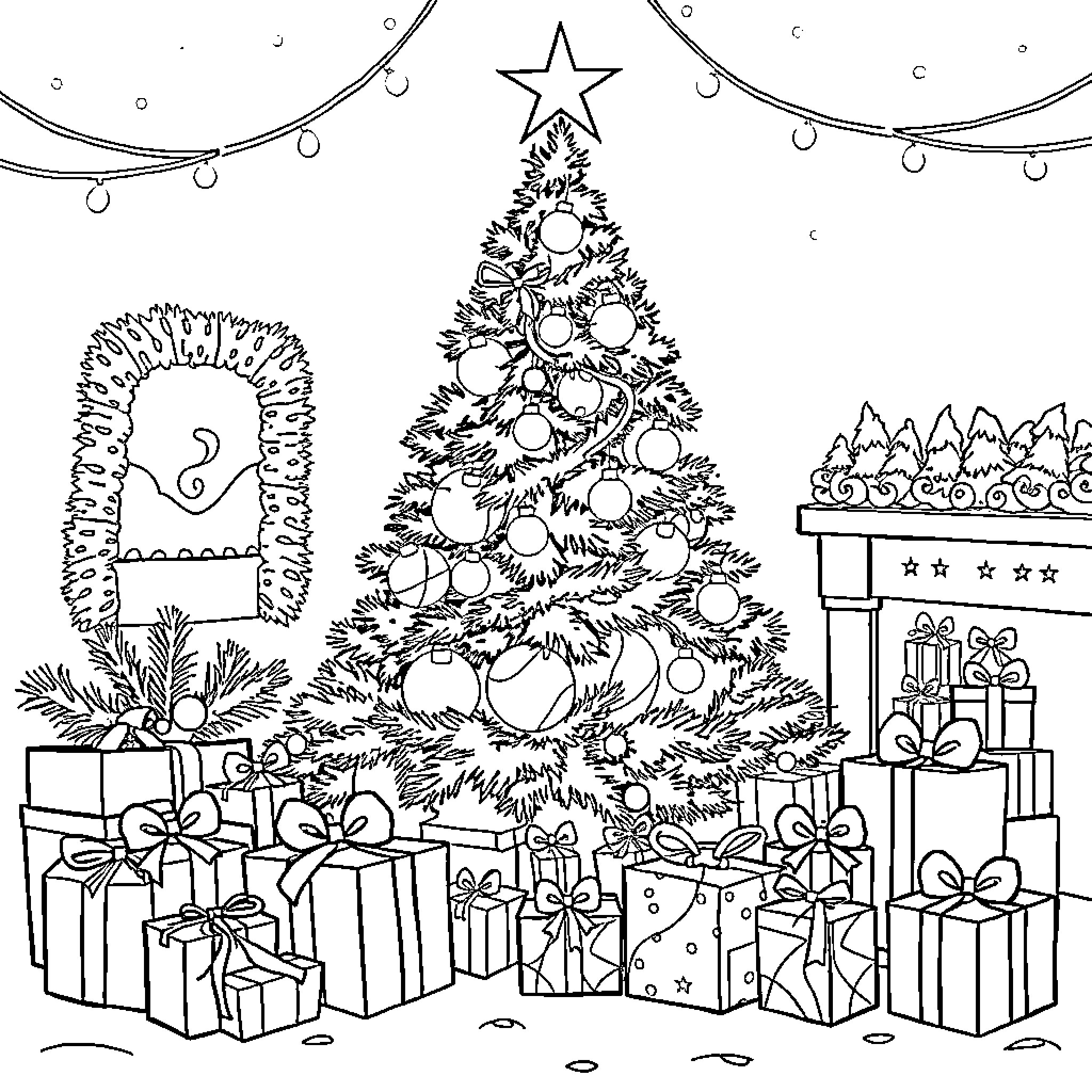 Christmas scene with decorated tree and presents Coloring Page (free black-and-white line drawing printable PDF for all, from beginners to advanced learners, including children, teens, adults, and seniors)