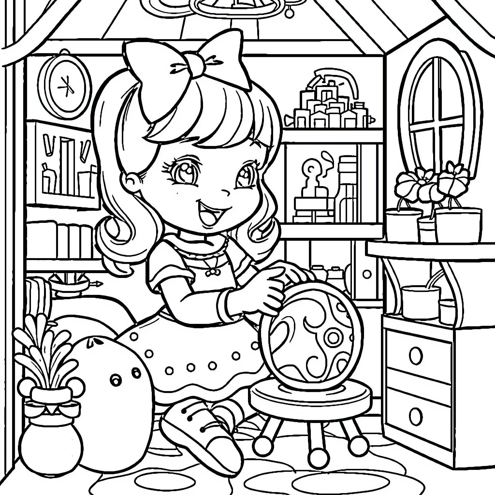 Gabby's Playful Imagination in Her Cozy Room Coloring Page (free black-and-white line drawing printable PDF for all, from beginners to advanced learners, including children, teens, adults, and seniors)