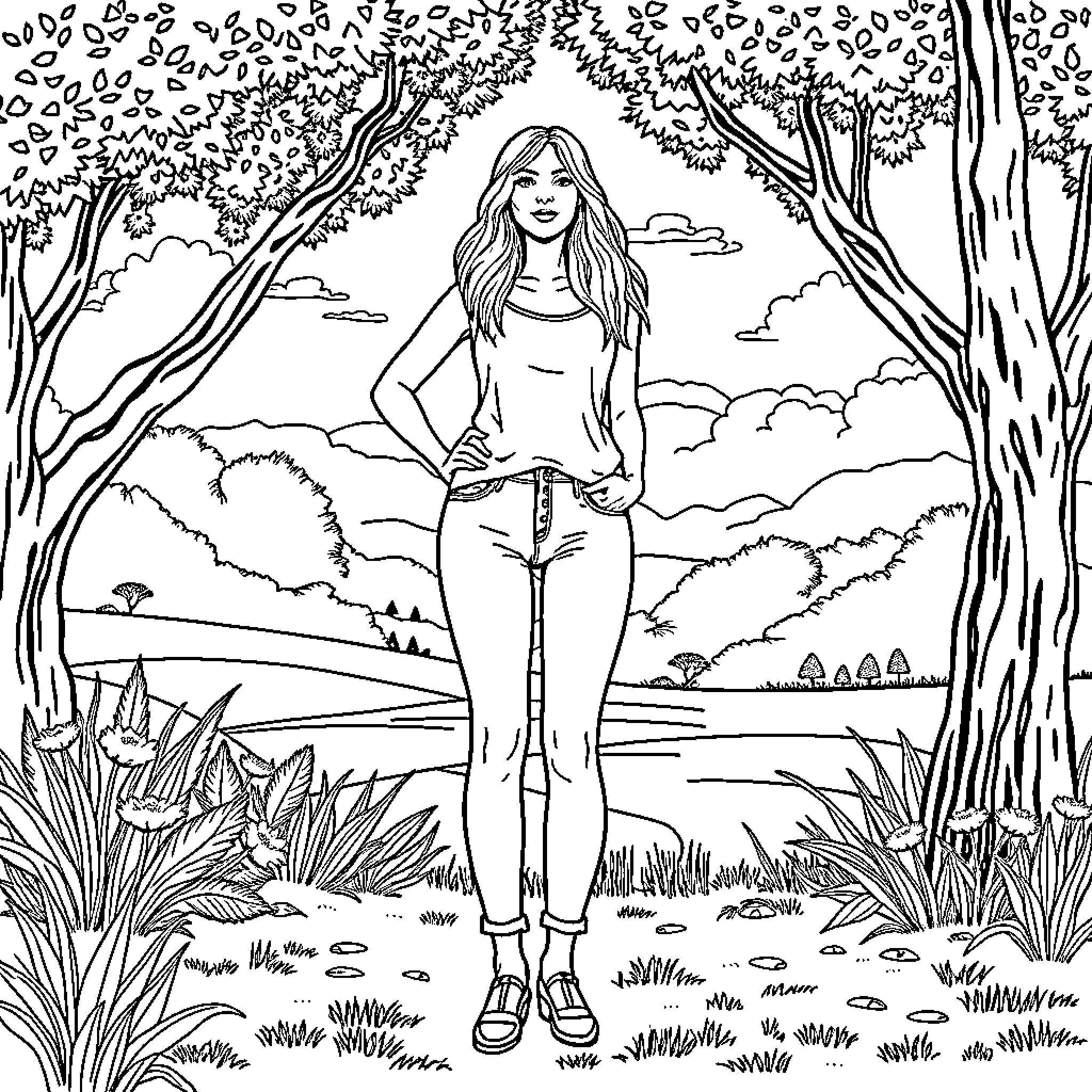 Woman standing confidently in a natural outdoor setting Coloring Page (free black-and-white line drawing printable PDF for all, from beginners to advanced learners, including children, teens, adults, and seniors)