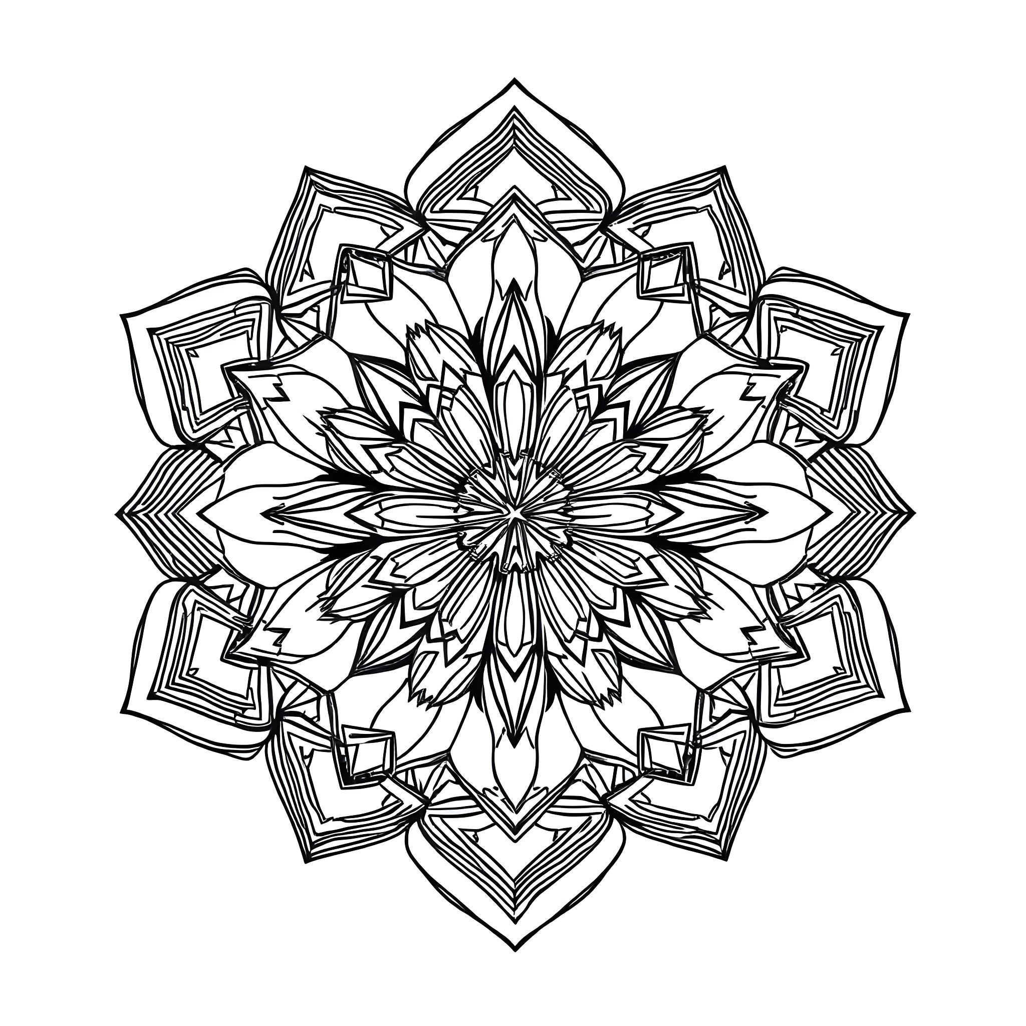 Pattern of Intricate Flower in Geometric Design Coloring Page (free black-and-white line drawing printable PDF for all, from beginners to advanced learners, including children, teens, adults, and seniors)