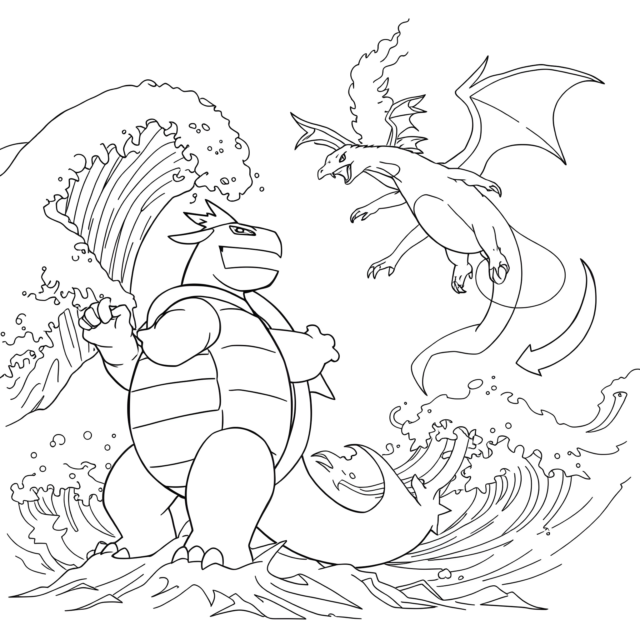 Blastoise confronting a powerful Charizard Coloring Page (free black-and-white line drawing printable PDF for all, from beginners to advanced learners, including children, teens, adults, and seniors)