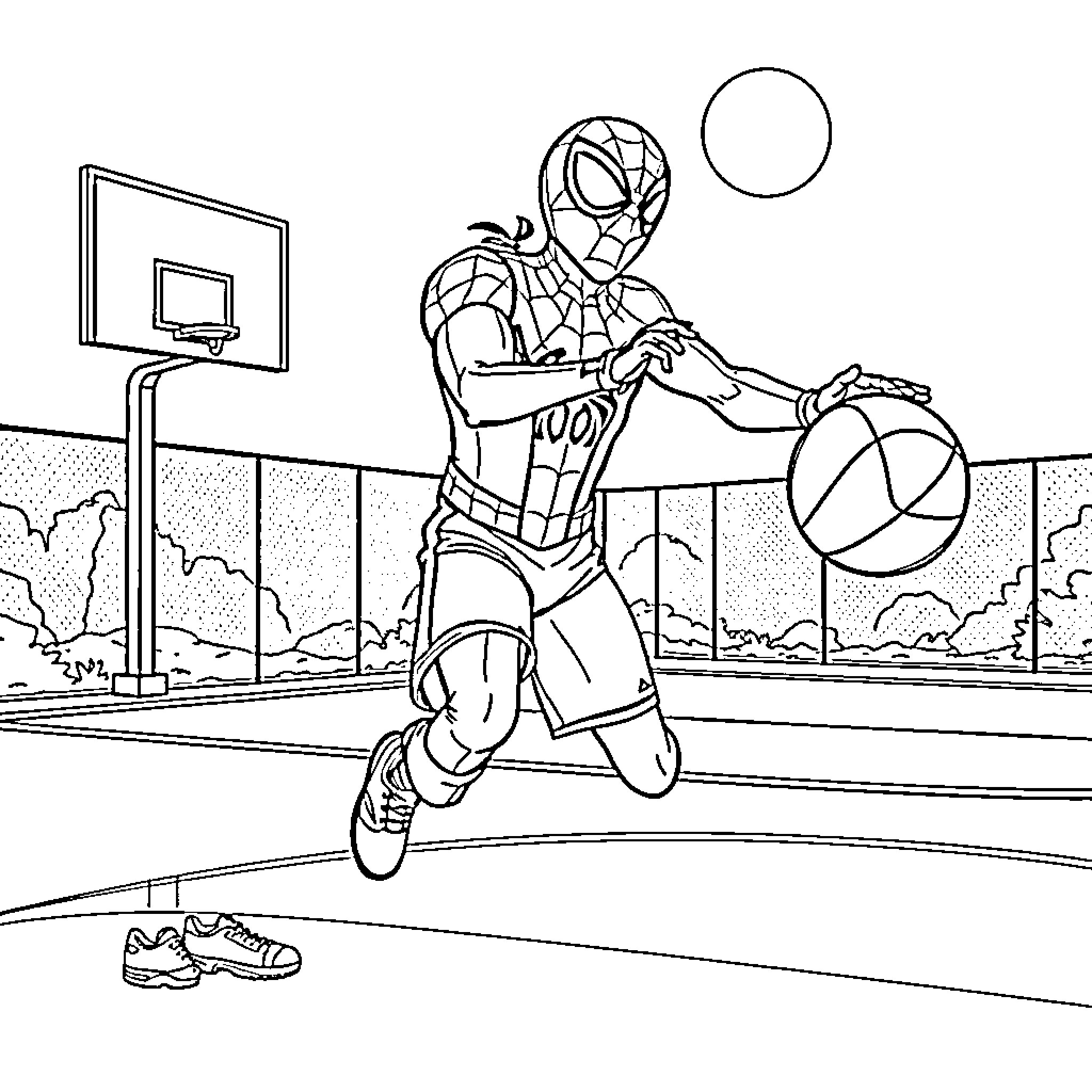 Spider-Man Dribbling Basketball on Court Coloring Page (free black-and-white line drawing printable PDF for all, from beginners to advanced learners, including children, teens, adults, and seniors)