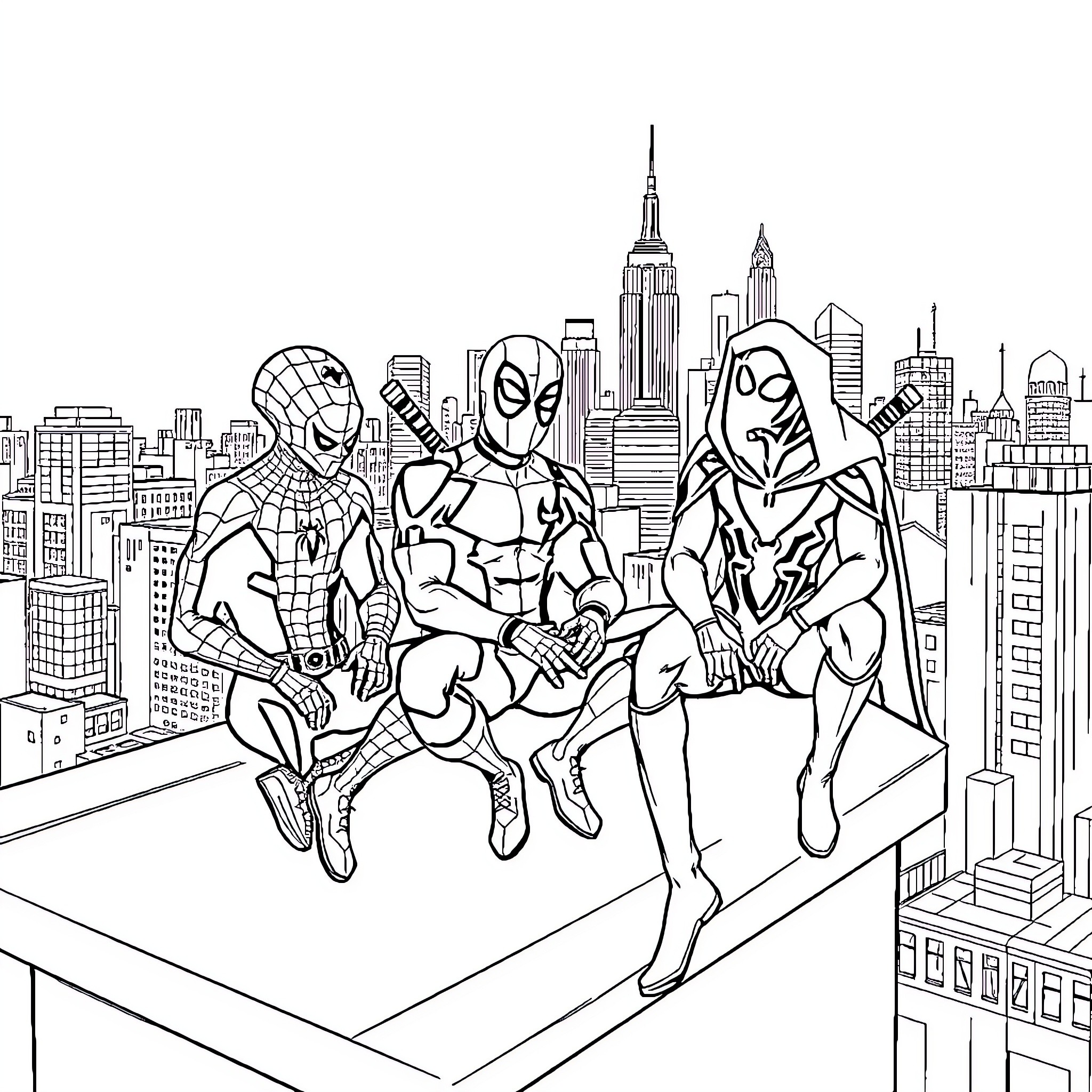 Superhero Trio Leaping Over Cityscape Coloring Page (free black-and-white line drawing printable PDF for all, from beginners to advanced learners, including children, teens, adults, and seniors)