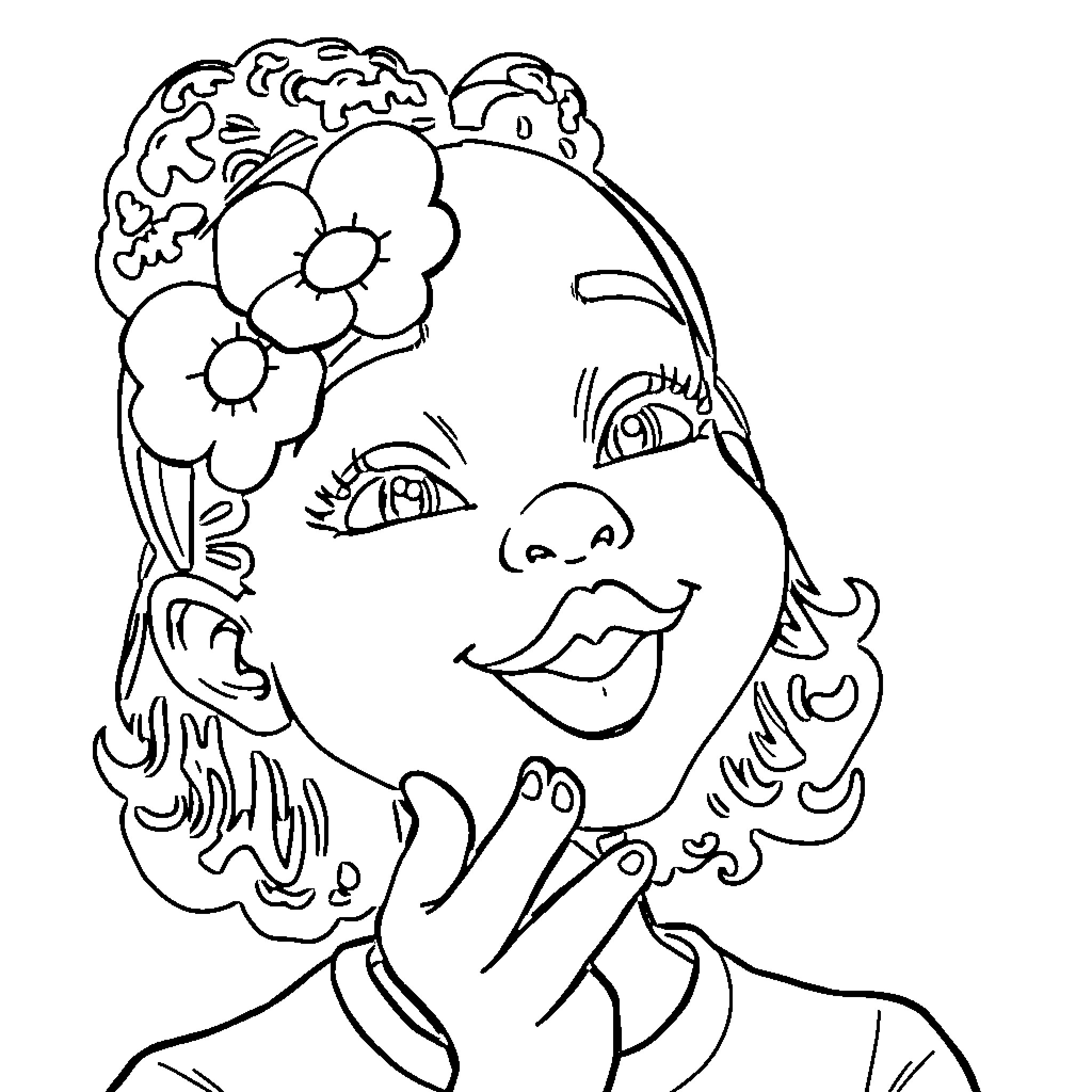 Girl with Floral Headpiece and Expressive Face Coloring Page (free black-and-white line drawing printable PDF for all, from beginners to advanced learners, including children, teens, adults, and seniors)