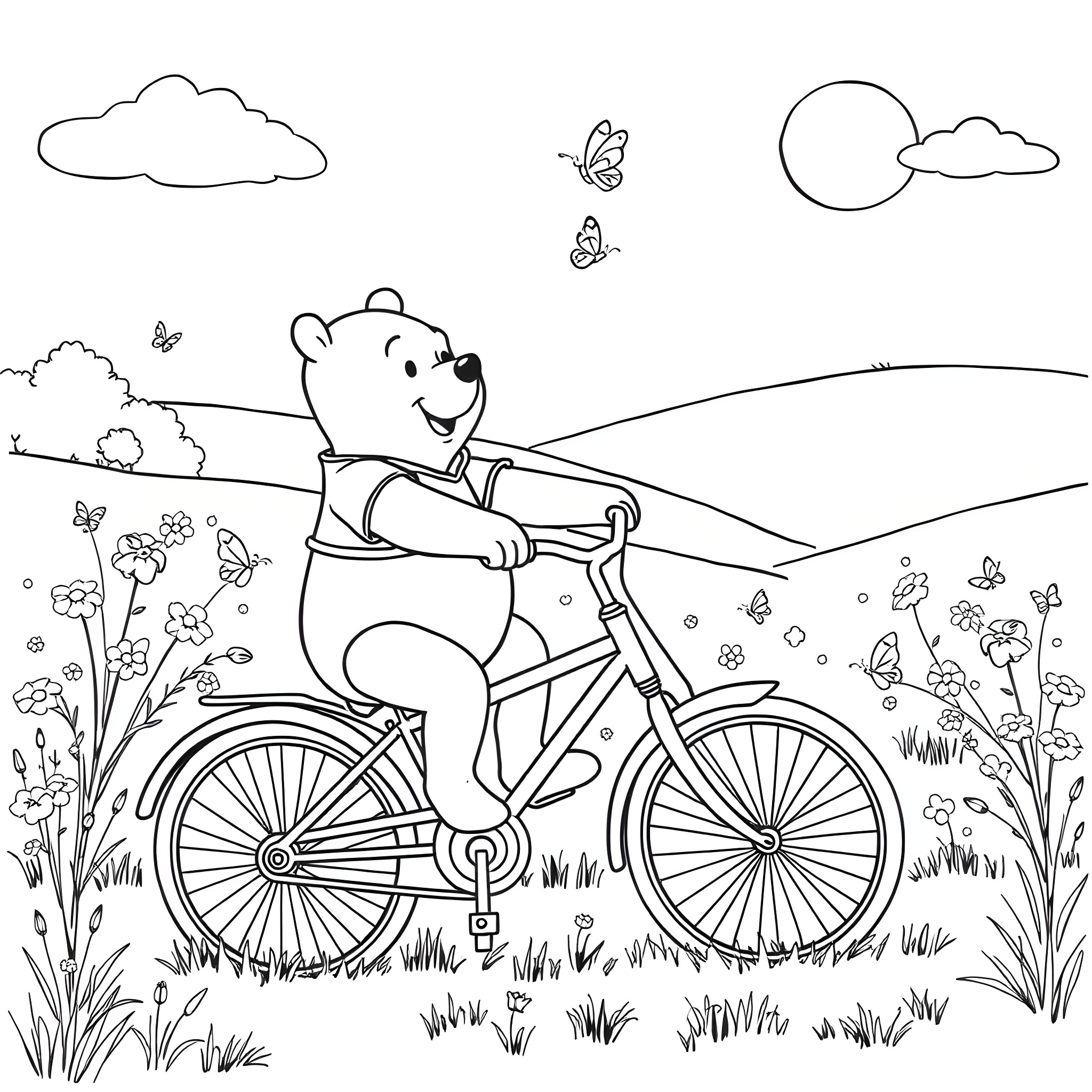 Poohbear bicycling through a scenic landscape Coloring Page (free black-and-white line drawing printable PDF for all, from beginners to advanced learners, including children, teens, adults, and seniors)