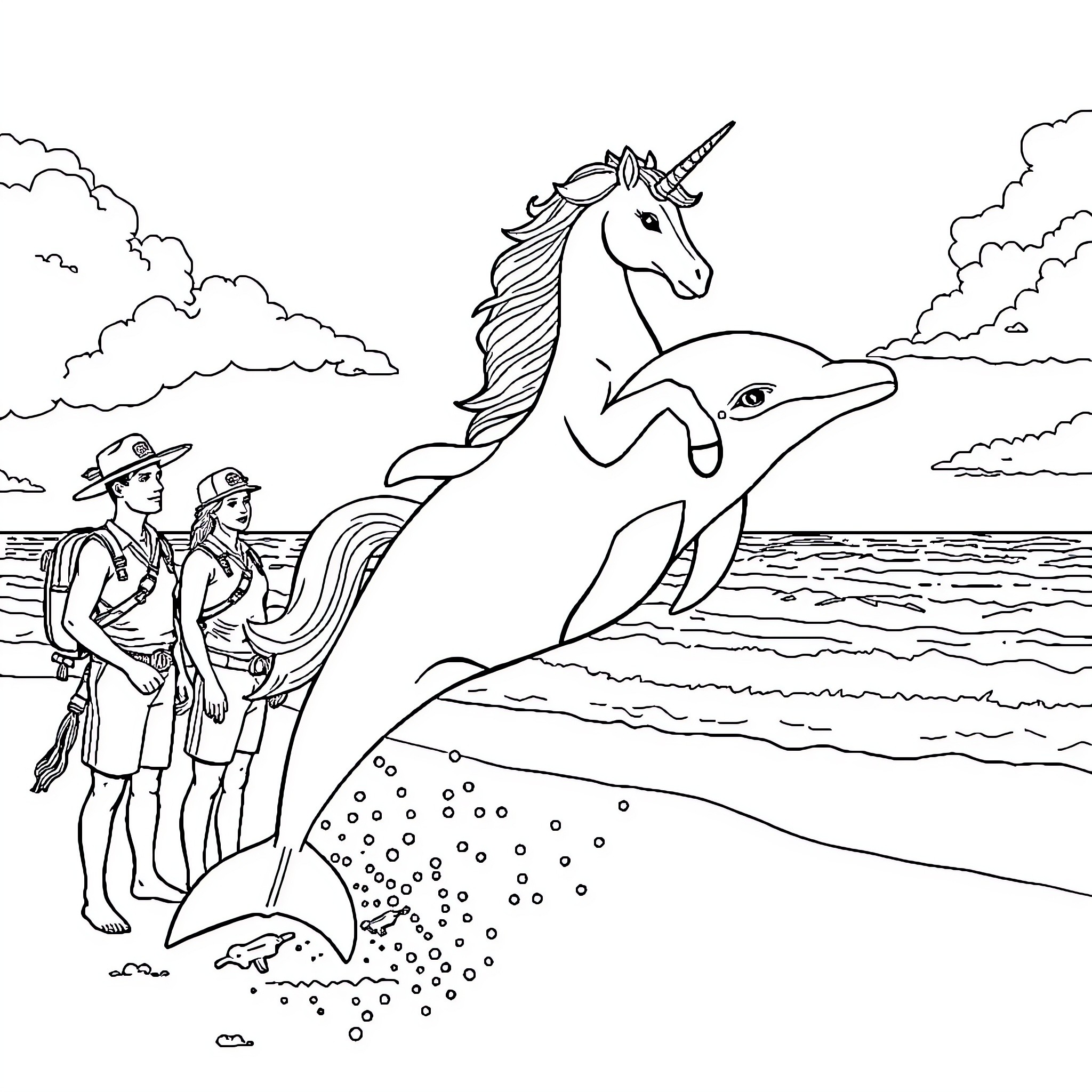 Unicorn Riding a Dolphin with Sailors Coloring Page (free black-and-white line drawing printable PDF for all, from beginners to advanced learners, including children, teens, adults, and seniors)