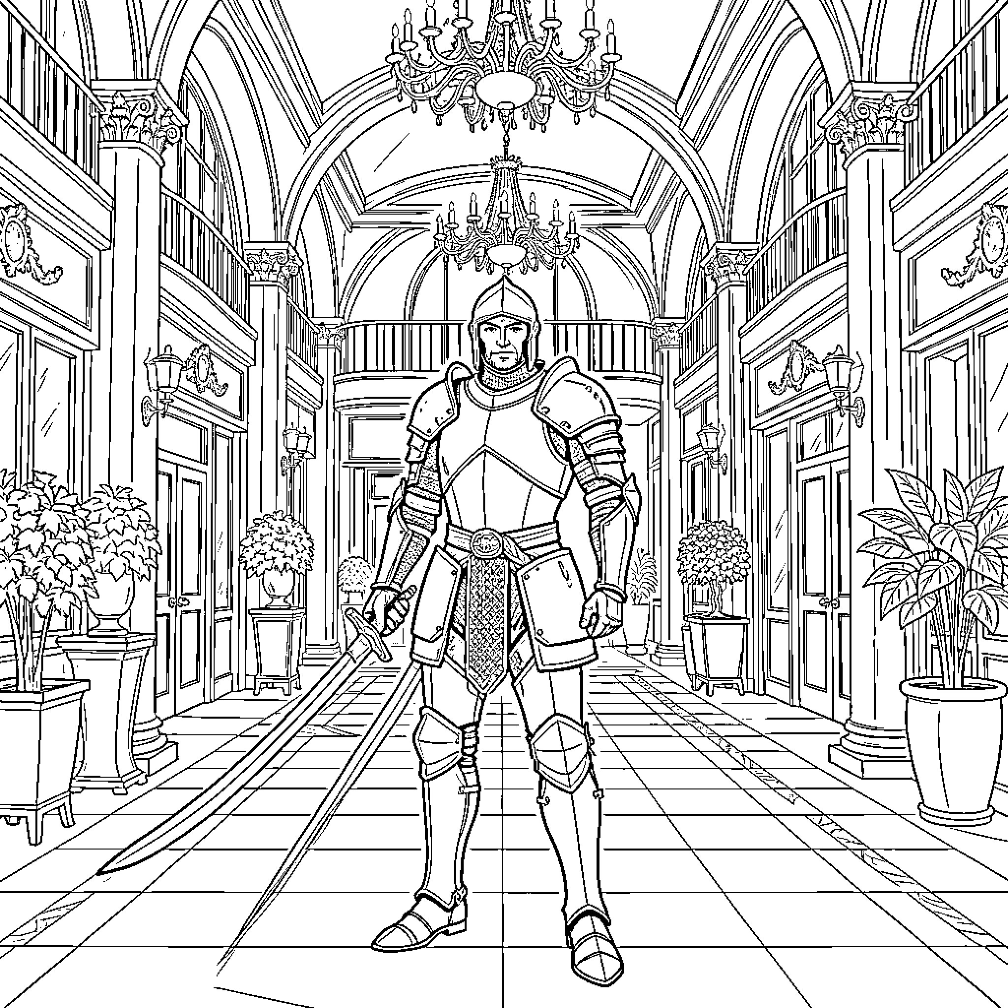 Saber Knight standing tall in a grand palace hallway Coloring Page (free black-and-white line drawing printable PDF for all, from beginners to advanced learners, including children, teens, adults, and seniors)