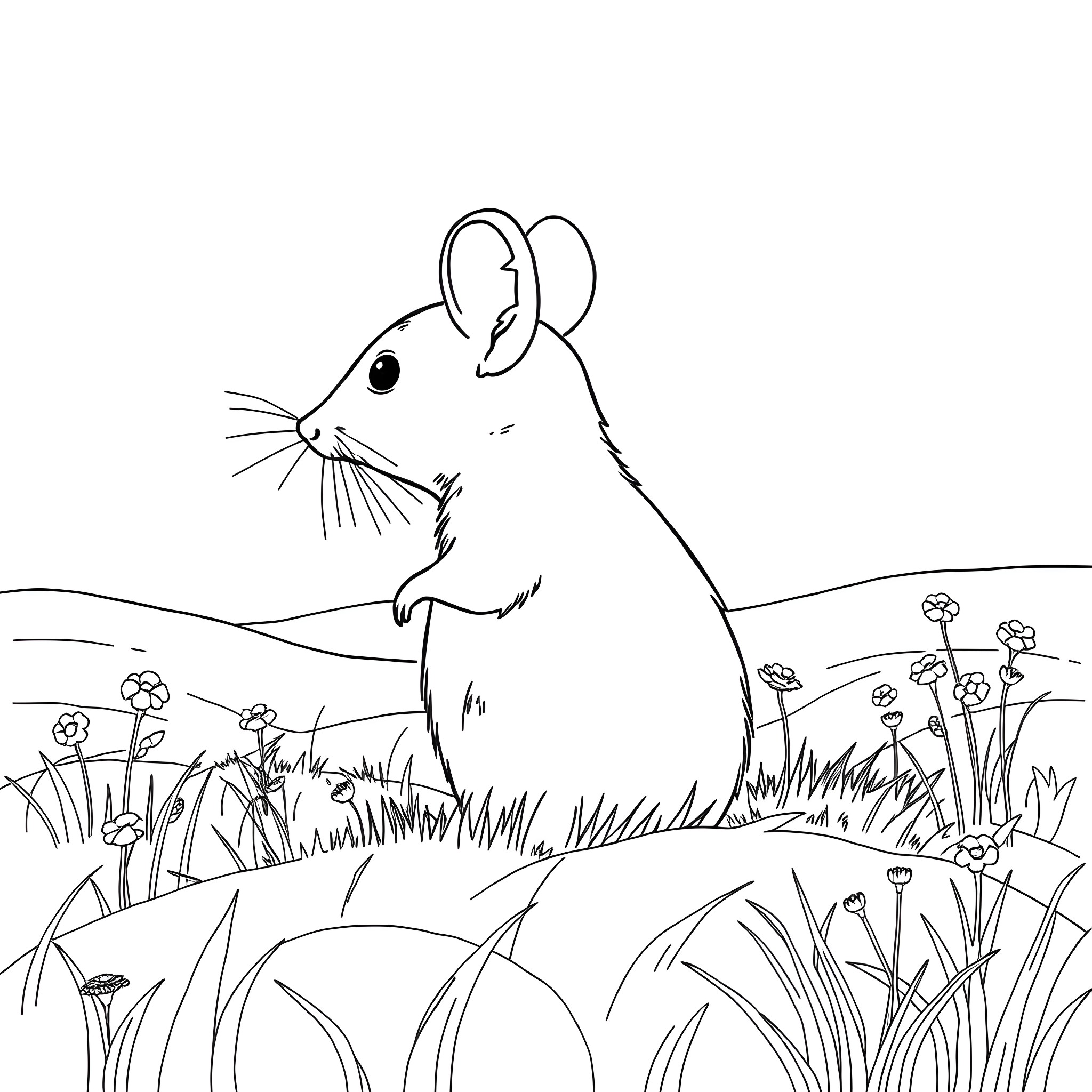 Mouse exploring a whimsical garden scene Coloring Page (free black-and-white line drawing printable PDF for all, from beginners to advanced learners, including children, teens, adults, and seniors)