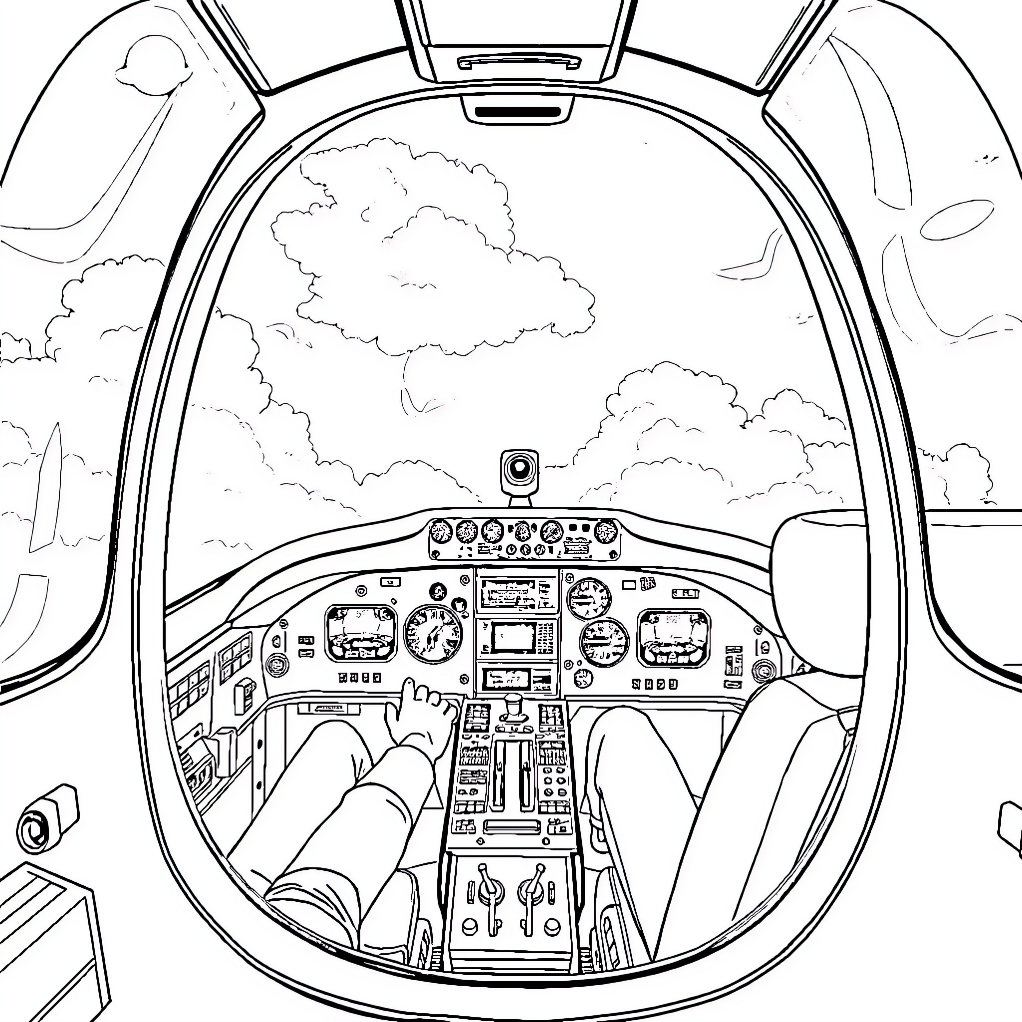 Cockpit view of an aircraft in flight Coloring Page (free black-and-white line drawing printable PDF for all, from beginners to advanced learners, including children, teens, adults, and seniors)